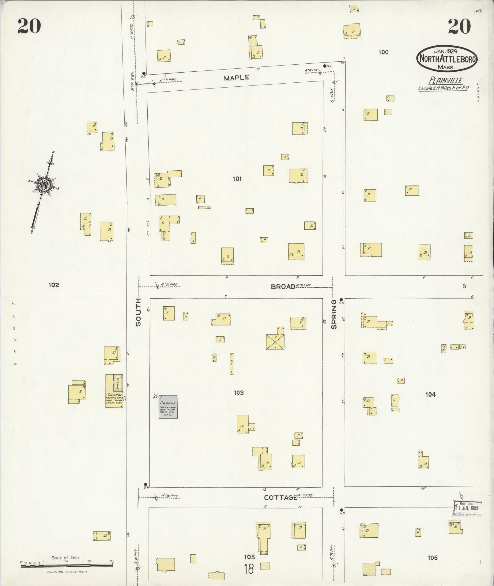 Sanborn Fire Insurance Map from North Attleborough, Bristol County, Massachusetts (1924), Sheet #0020 - Complete Map Set gallery image, historic Sanborn map, vintage wall art, Massachusetts Massachusetts