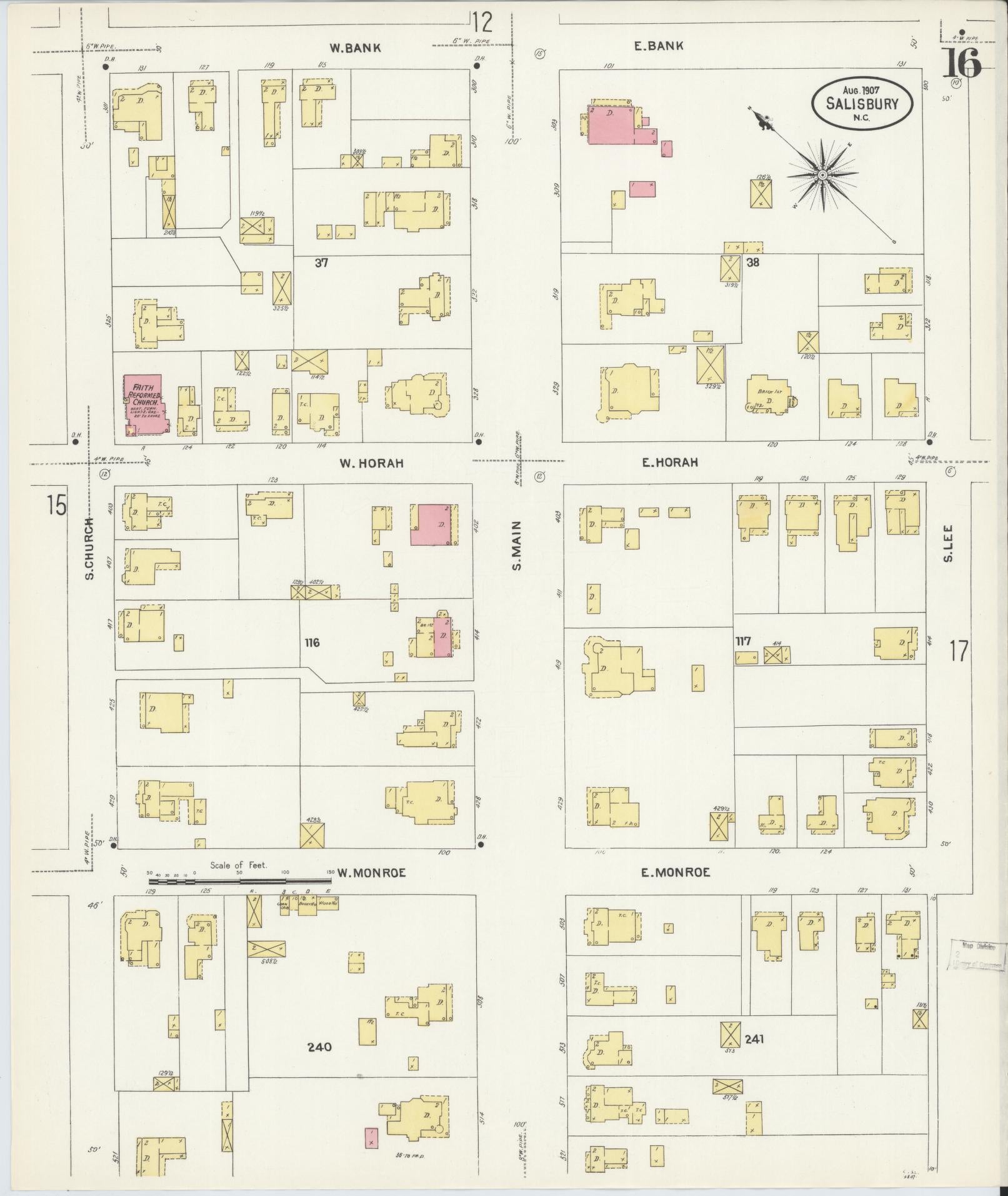 Sanborn Fire Insurance Map from Salisbury, Rowan County, North Carolina (1907), Sheet #0016 - Historic Sanborn Fire Insurance Map Print, vintage old map wall art, antique decor, genealogy gift, North Carolina North Carolina map