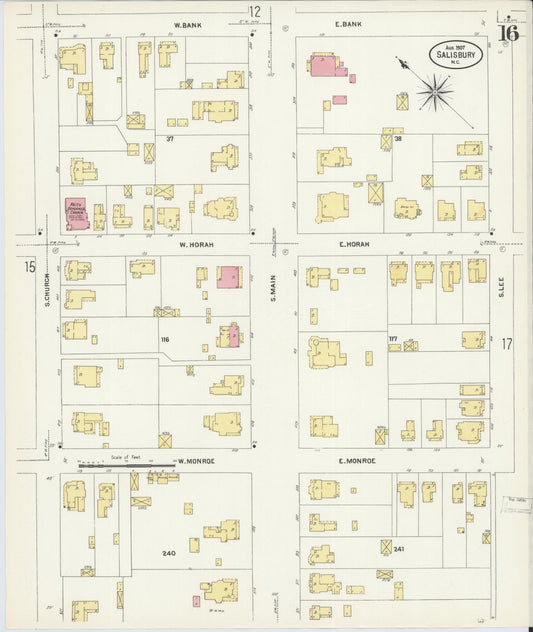 Sanborn Fire Insurance Map from Salisbury, Rowan County, North Carolina (1907), Sheet #0016 - Historic Sanborn Fire Insurance Map Print, vintage old map wall art, antique decor, genealogy gift, North Carolina North Carolina map