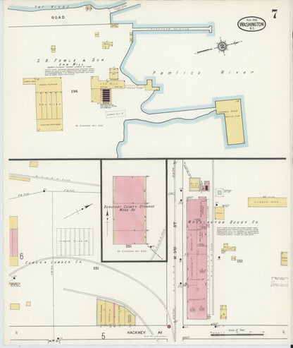 Sanborn Fire Insurance Map from Washington, Beaufort County, North Carolina (1916), Sheet #0007 - Complete Map Set gallery image, historic Sanborn map, vintage wall art, North Carolina North Carolina