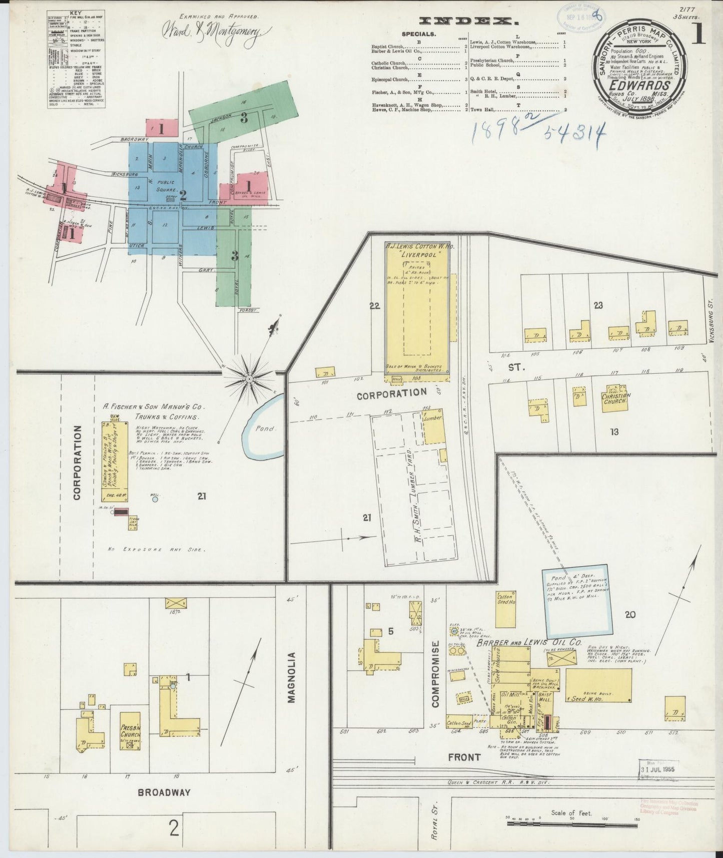 Sanborn Fire Insurance Map from Edwards, Hinds County, Mississippi (1898), Sheet #0001 - Historic Sanborn Fire Insurance Map Print, vintage old map wall art, antique decor, genealogy gift, Mississippi Mississippi map
