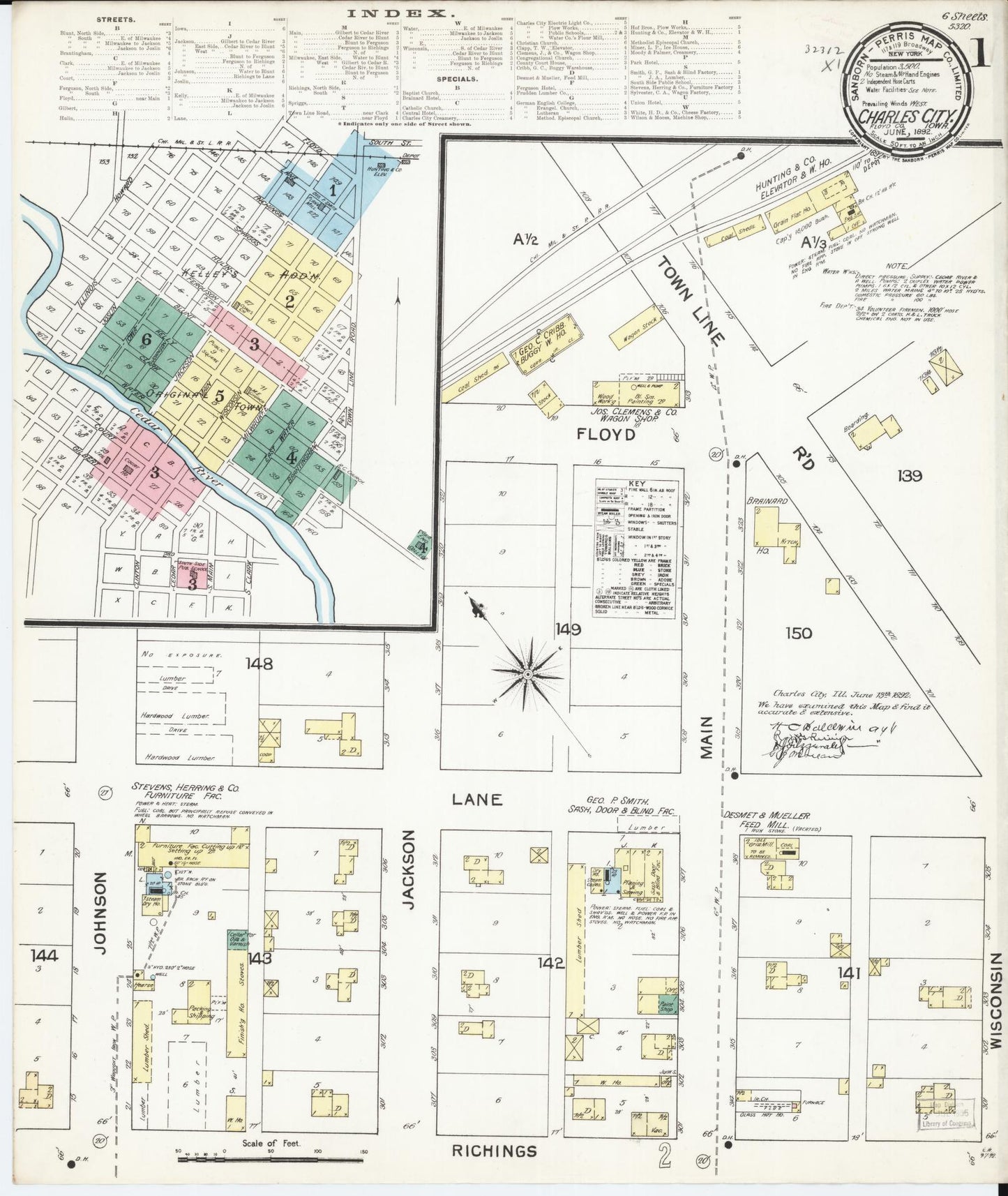 Sanborn Fire Insurance Map from Charles City, Floyd County, Iowa (1892), Sheet #0001 - Historic Sanborn Fire Insurance Map Print, vintage old map wall art
