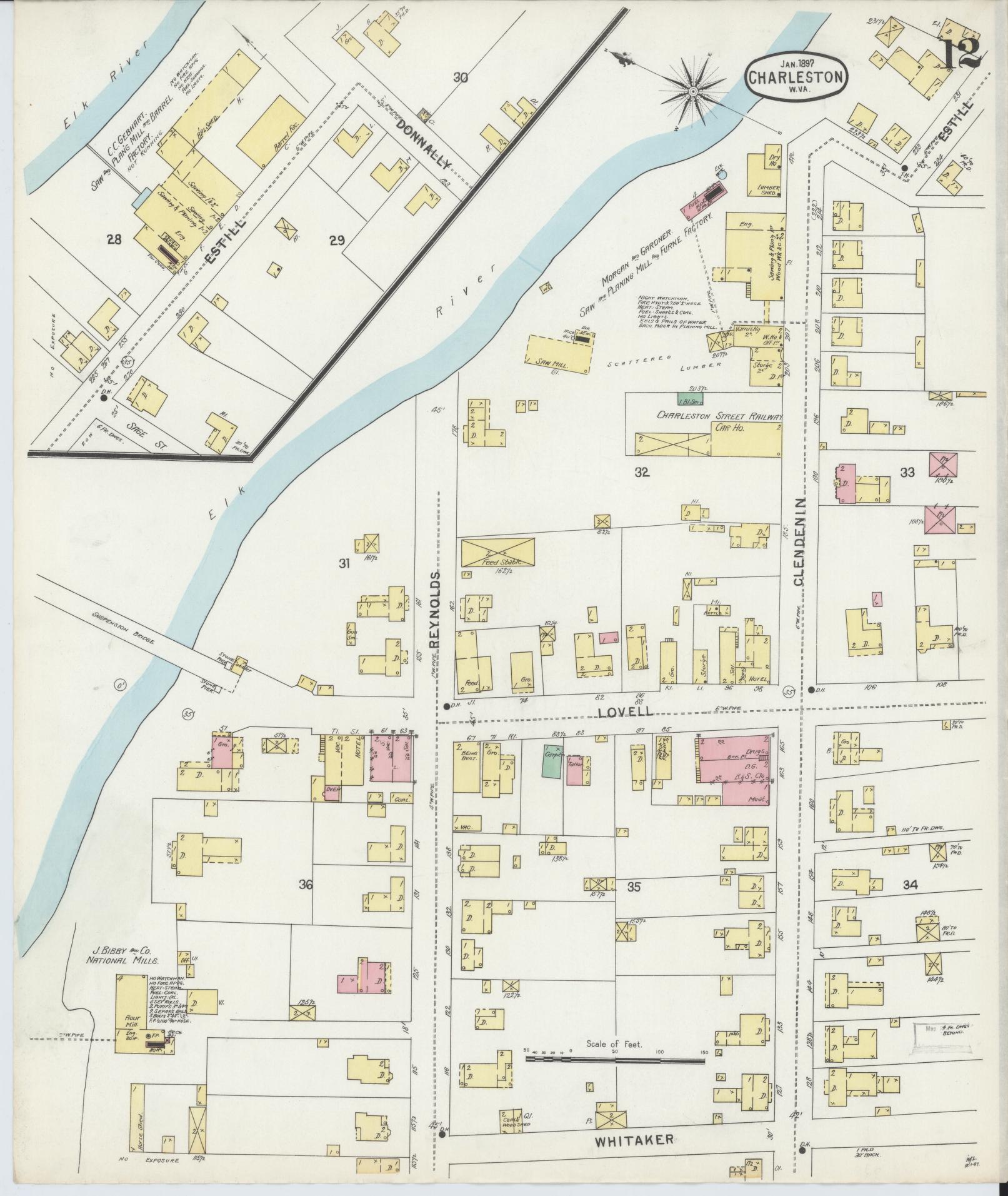 Sanborn Fire Insurance Map from Charleston, Kanawha County, West Virginia (1897), Sheet #0012 - Historic Sanborn Fire Insurance Map Print, vintage old map wall art, antique decor, genealogy gift, West Virginia West Virginia map