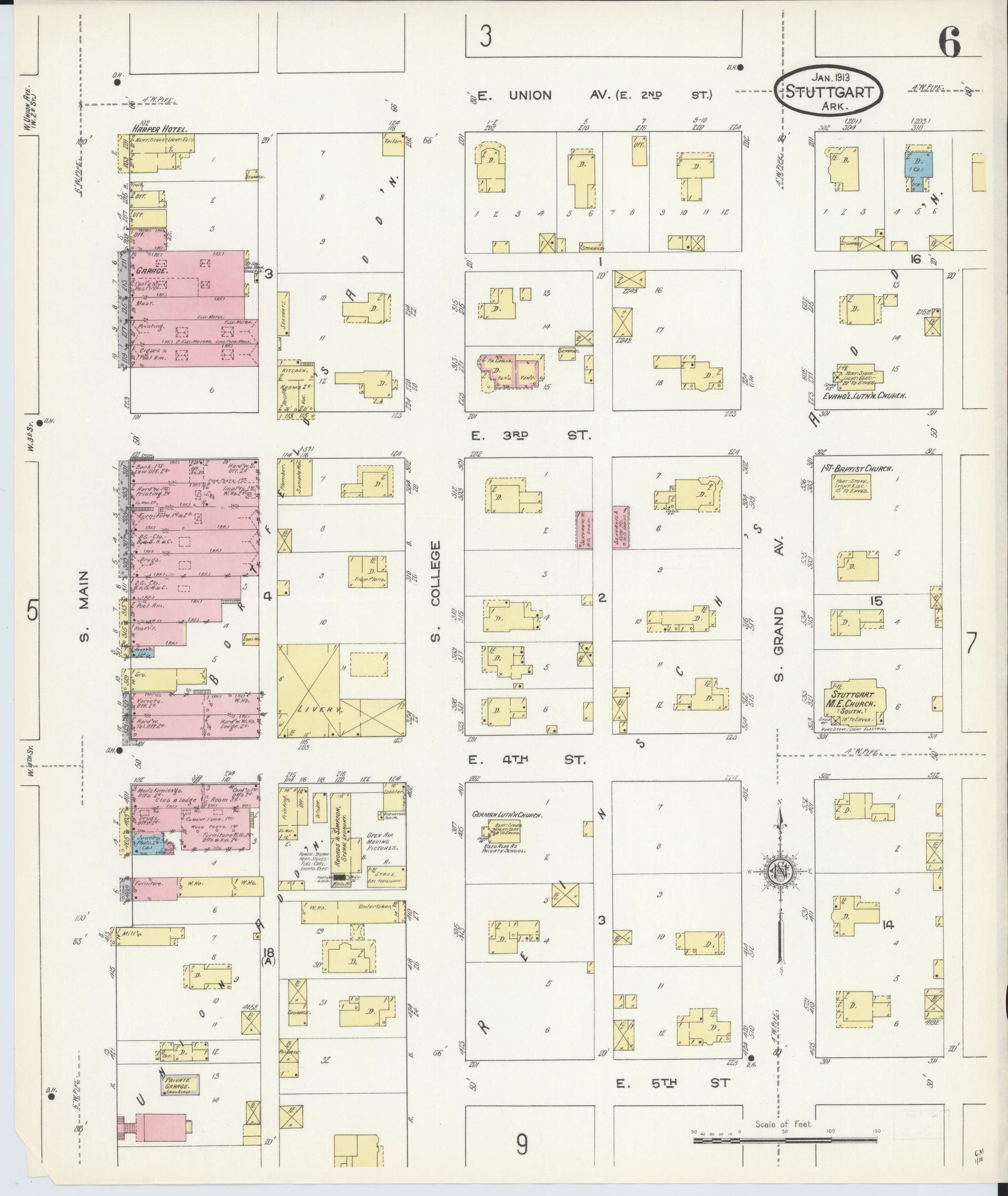 Sanborn Fire Insurance Map from Stuttgart, Arkansas County, Arkansas (1913), Sheet #0006 - Historic Sanborn Fire Insurance Map Print, vintage old map wall art, antique decor, genealogy gift, Stuttgart Arkansas map