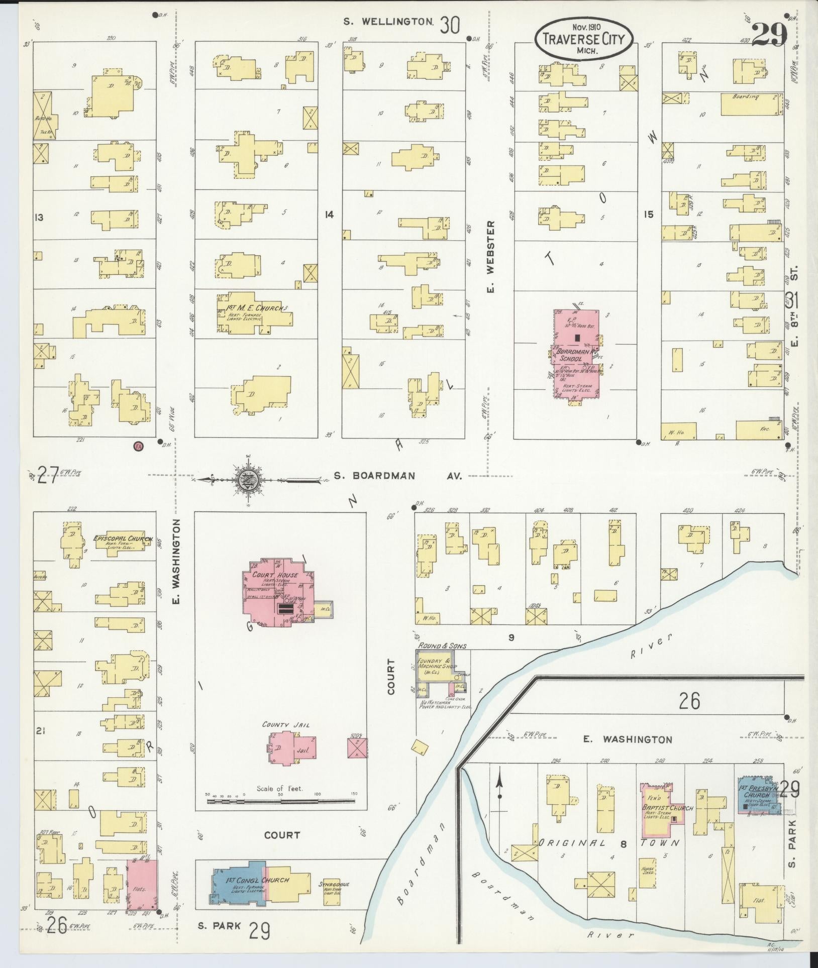 Sanborn Fire Insurance Map from Traverse City, Grand Traverse County, Michigan (1910), Sheet #0029 - Historic Sanborn Fire Insurance Map Print, vintage old map wall art, antique decor, genealogy gift, Michigan Michigan map