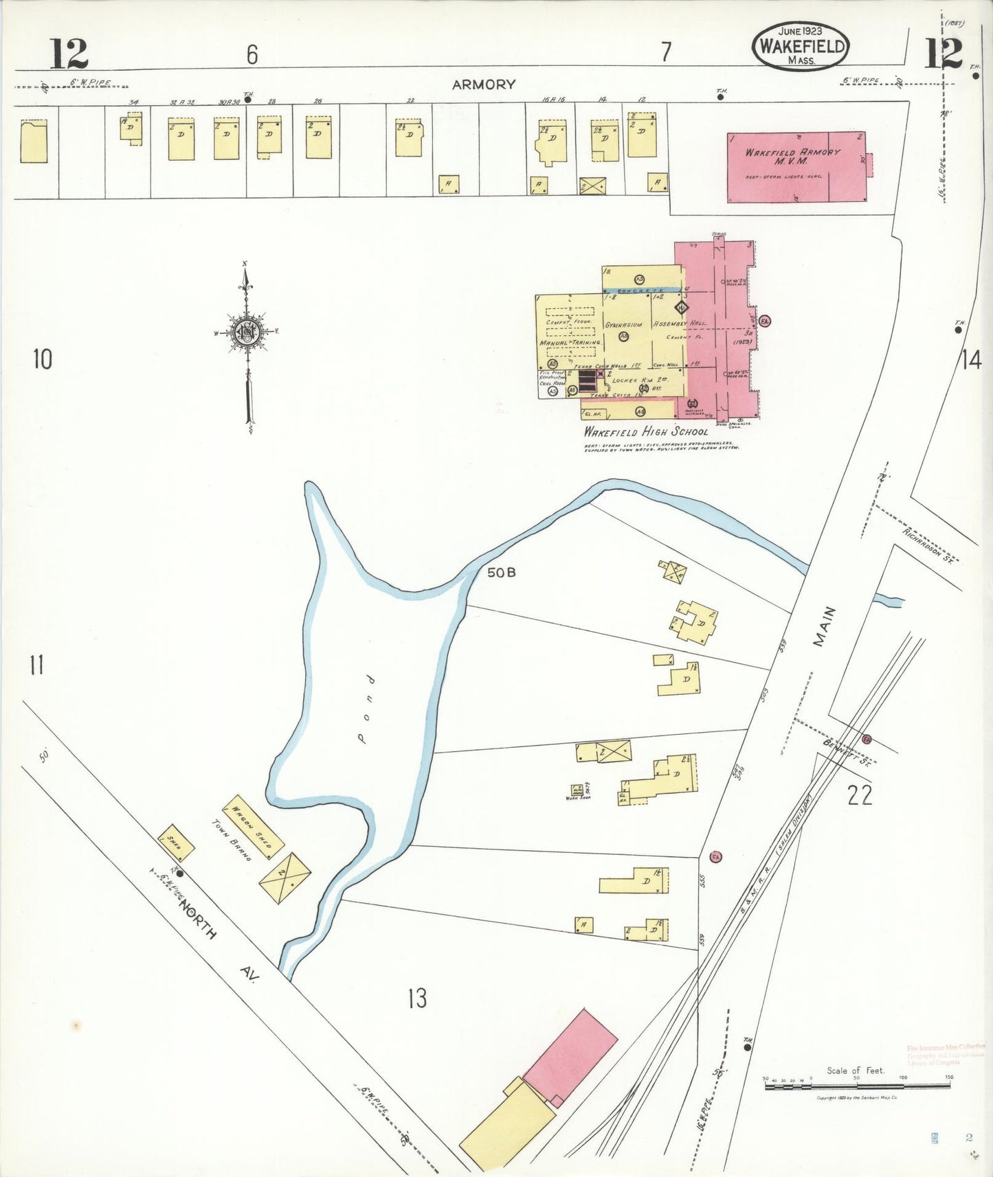 Sanborn Fire Insurance Map from Wakefield, Middlesex County, Massachusetts (1923), Sheet #0012 - Historic Sanborn Fire Insurance Map Print, vintage old map wall art, antique decor, genealogy gift, Massachusetts Massachusetts map