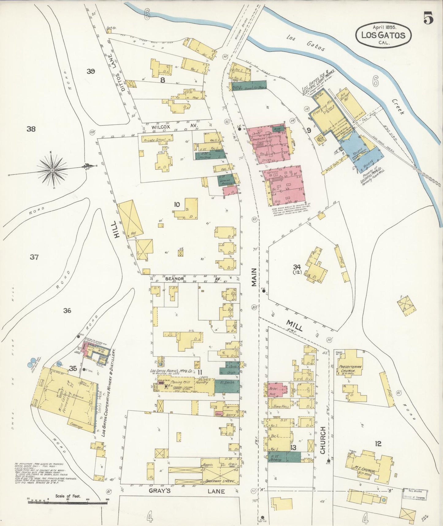 Sanborn Fire Insurance Map from Los Gatos, Santa Clara County, California (1895), Sheet #0005 - Historic Sanborn Fire Insurance Map Print, vintage old map wall art, antique decor, genealogy gift, California California map