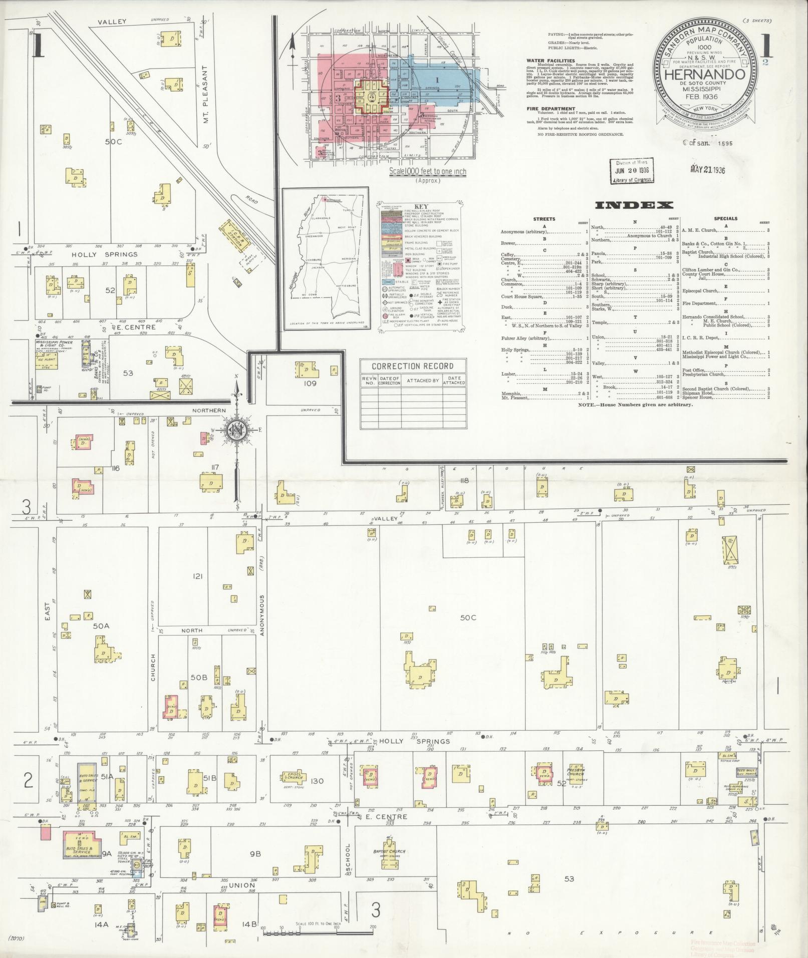 Sanborn Fire Insurance Map from Hernando, De Soto County, Mississippi (1936), Sheet #0001 - Historic Sanborn Fire Insurance Map Print, vintage old map wall art, antique decor, genealogy gift, Mississippi Mississippi map