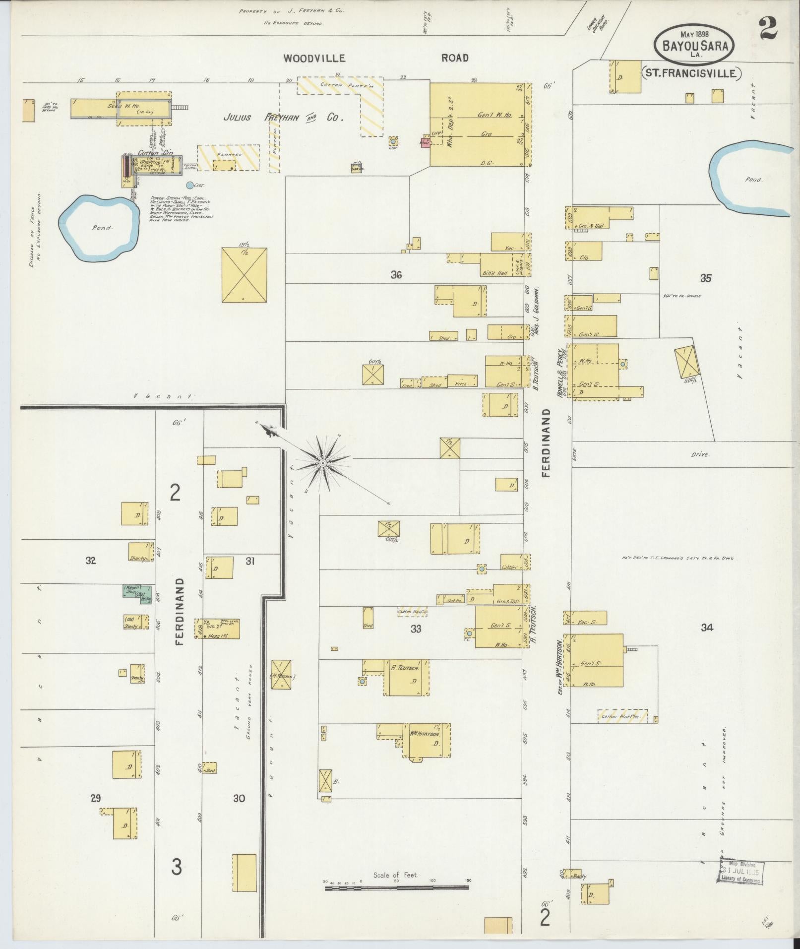 Sanborn Fire Insurance Map from Bayou Sara, West Feliciana Parish, Louisiana (1898), Sheet #0002 - Historic Sanborn Fire Insurance Map Print, vintage old map wall art, antique decor, genealogy gift, Louisiana Louisiana map