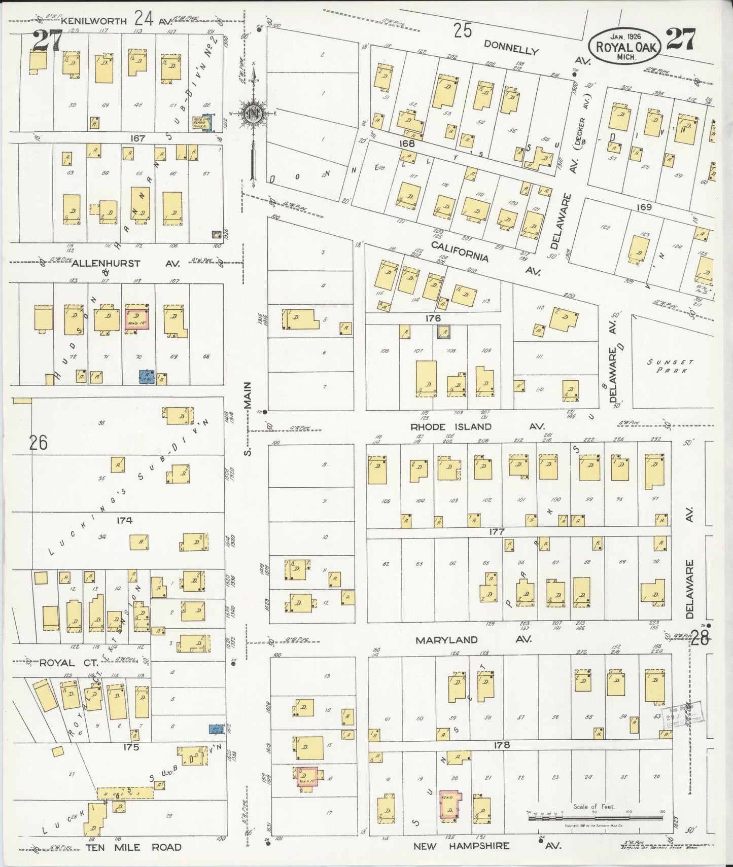 Sanborn Fire Insurance Map from Royal Oak, Oakland County, Michigan (1926), Sheet #0027 - Historic Sanborn Fire Insurance Map Print, vintage old map wall art, antique decor, genealogy gift, Michigan Michigan map