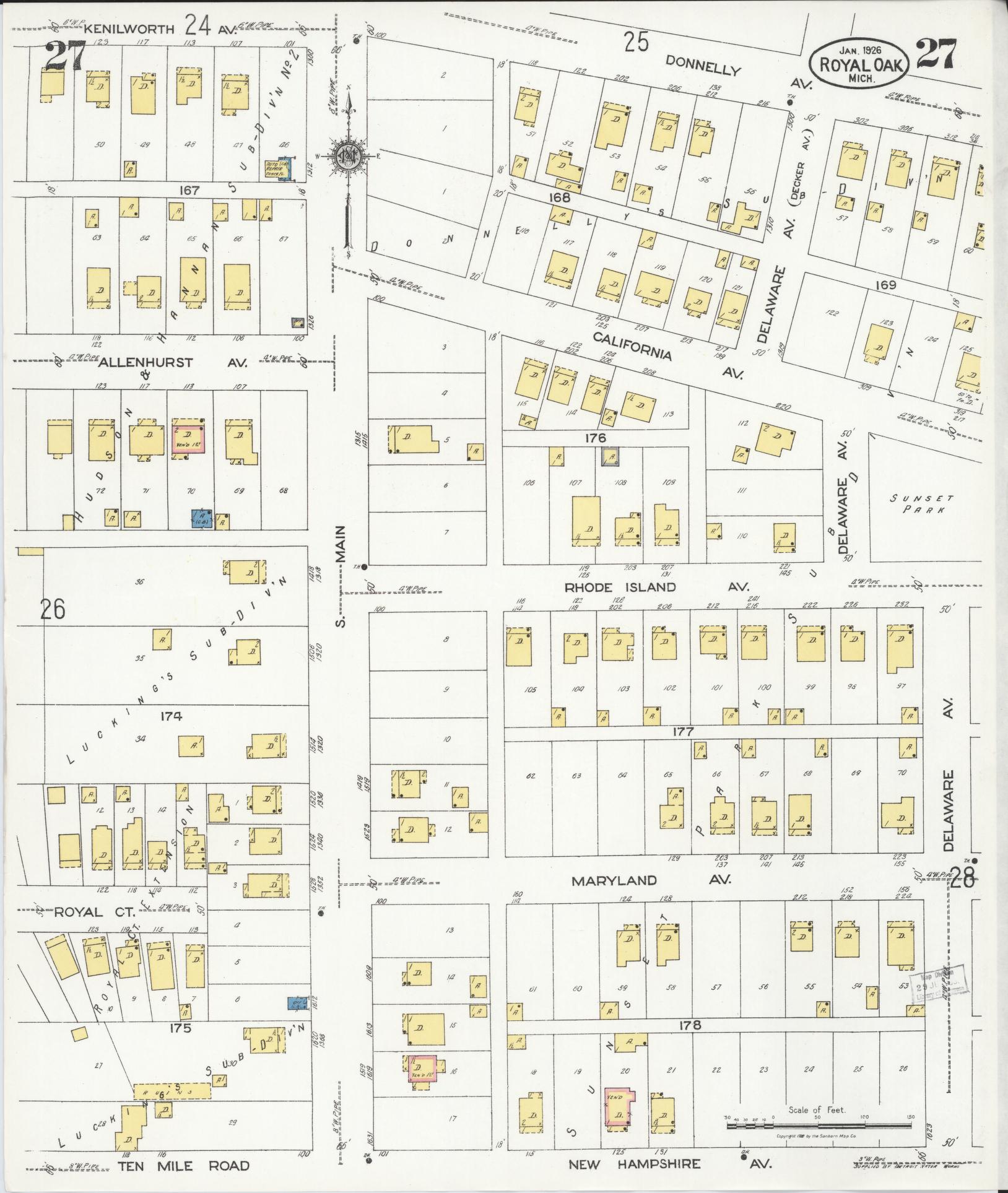 Sanborn Fire Insurance Map from Royal Oak, Oakland County, Michigan (1926), Sheet #0027 - Historic Sanborn Fire Insurance Map Print, vintage old map wall art, antique decor, genealogy gift, Michigan Michigan map