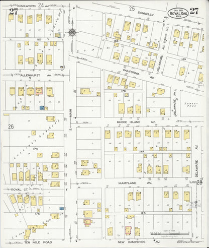Sanborn Fire Insurance Map from Royal Oak, Oakland County, Michigan (1926), Sheet #0027 - Historic Sanborn Fire Insurance Map Print, vintage old map wall art, antique decor, genealogy gift, Michigan Michigan map