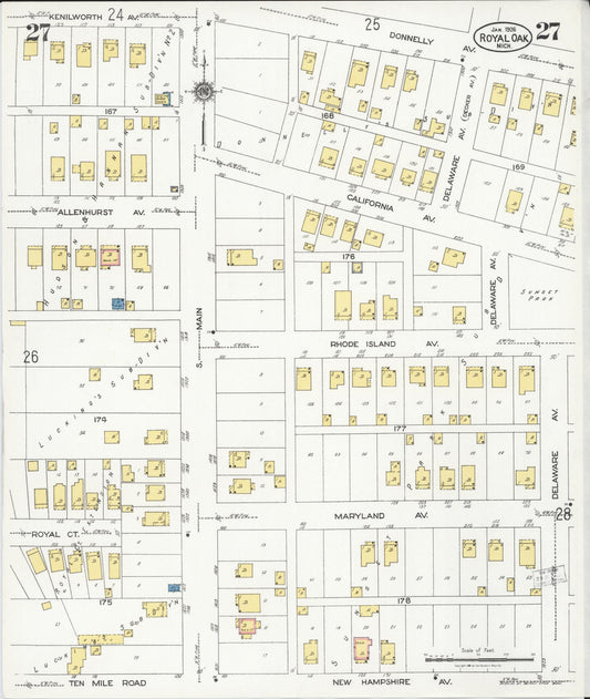 Sanborn Fire Insurance Map from Royal Oak, Oakland County, Michigan (1926), Sheet #0027 - Historic Sanborn Fire Insurance Map Print, vintage old map wall art, antique decor, genealogy gift, Michigan Michigan map