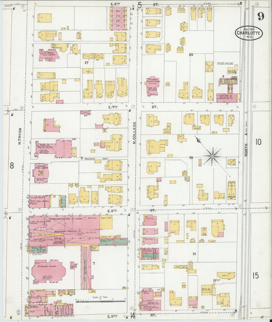 Sanborn Fire Insurance Map from Charlotte, Mecklenburg County, North Carolina (1905), Sheet #0009 - Historic Sanborn Fire Insurance Map Print, vintage old map wall art, antique decor, genealogy gift, North Carolina North Carolina map
