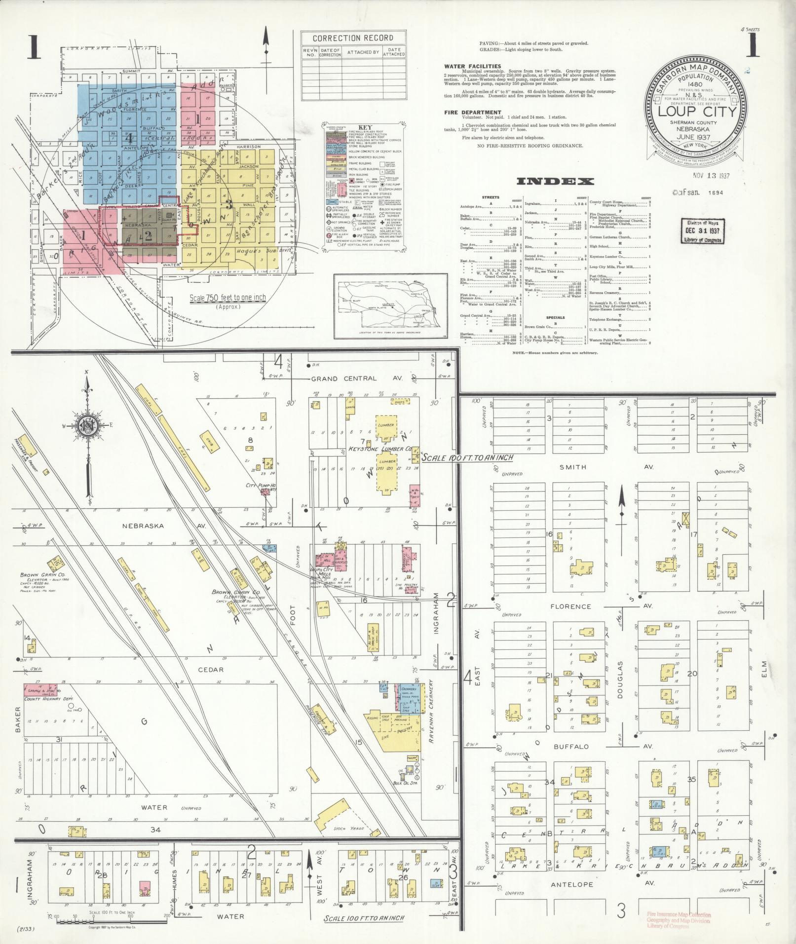 Sanborn Fire Insurance Map from Loup City, Sherman County, Nebraska (1937), Sheet #0001 - Historic Sanborn Fire Insurance Map Print, vintage old map wall art, antique decor, genealogy gift, Nebraska Nebraska map