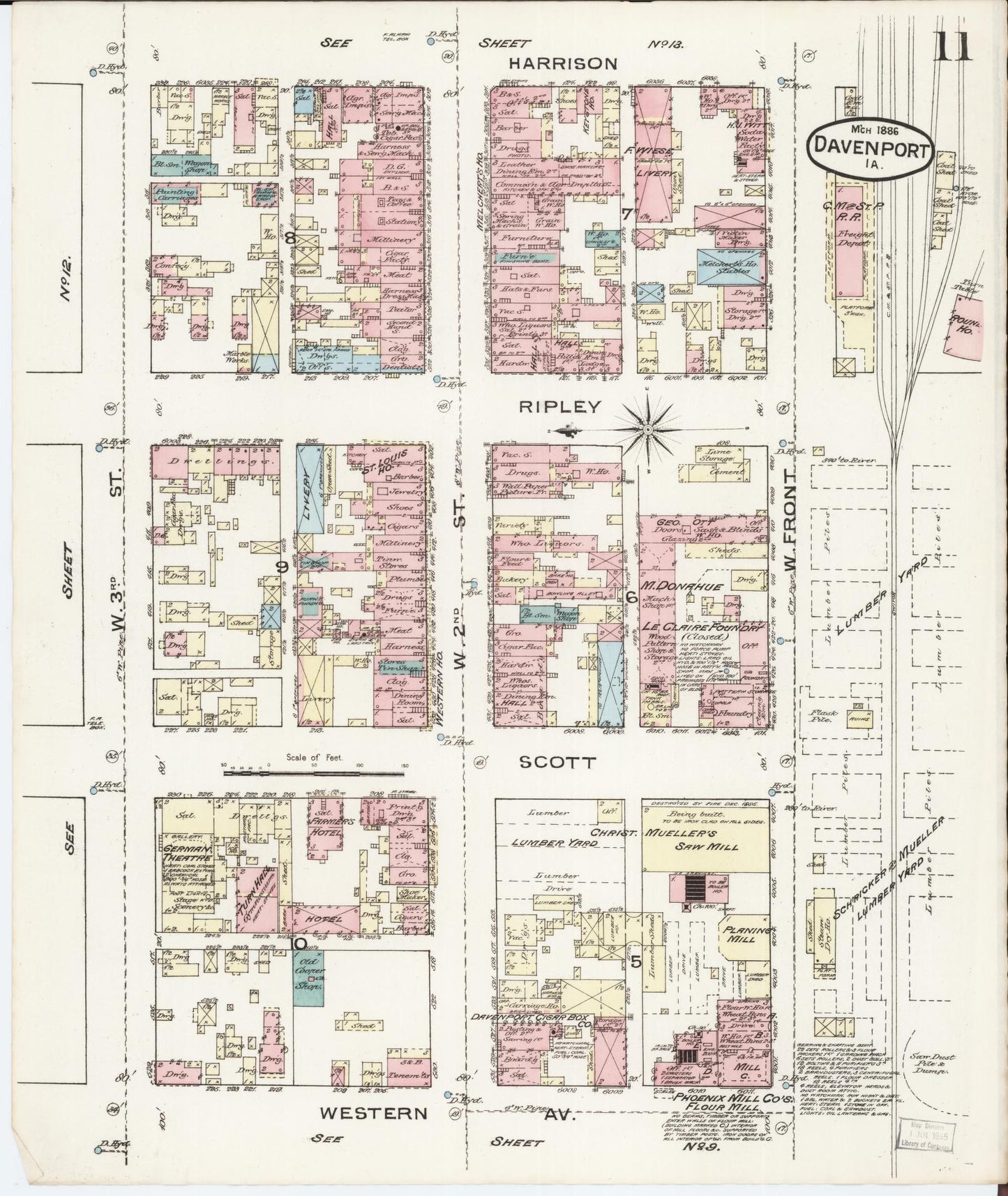 Sanborn Fire Insurance Map from Davenport, Scott County, Iowa (1886), Sheet #0011 - Historic Sanborn Fire Insurance Map Print, vintage old map wall art
