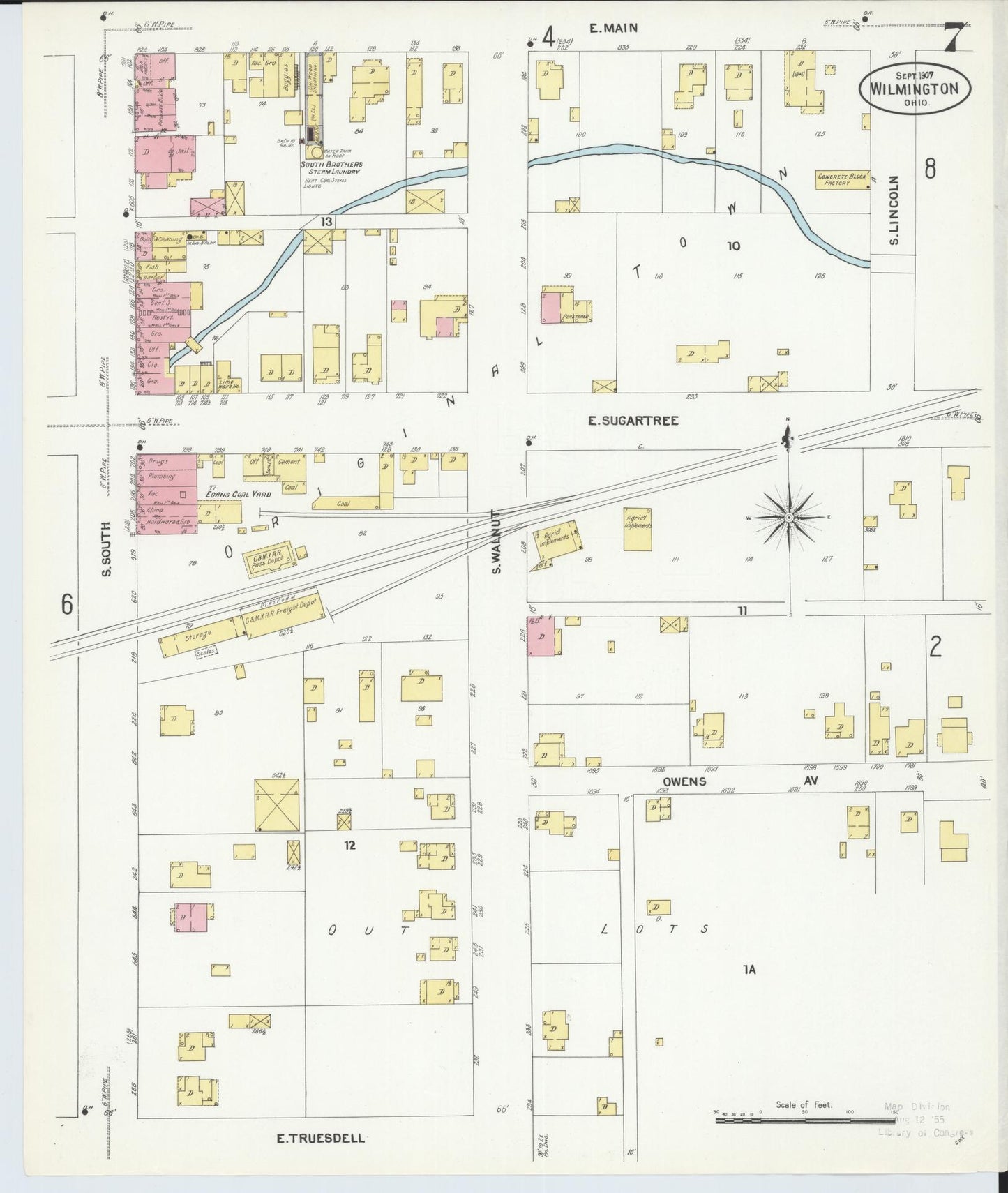 Sanborn Fire Insurance Map from Wilmington, Clinton County, Ohio (1907), Sheet #0007 - Historic Sanborn Fire Insurance Map Print, vintage old map wall art, antique decor, genealogy gift, Ohio Ohio map