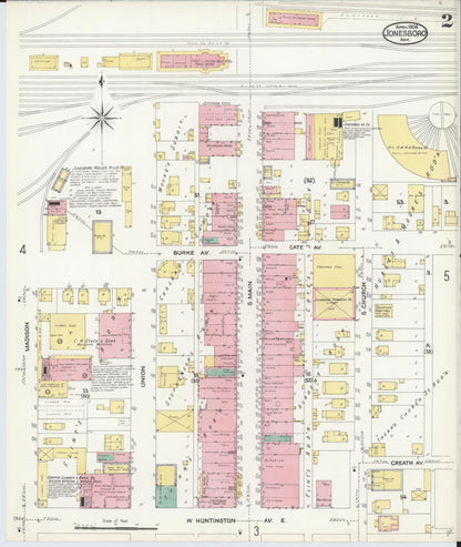 Sanborn Fire Insurance Map from Jonesboro, Craighead County, Arkansas (1908), Sheet #0002 - Complete Map Set gallery image, historic Sanborn map, vintage wall art, Arkansas Arkansas