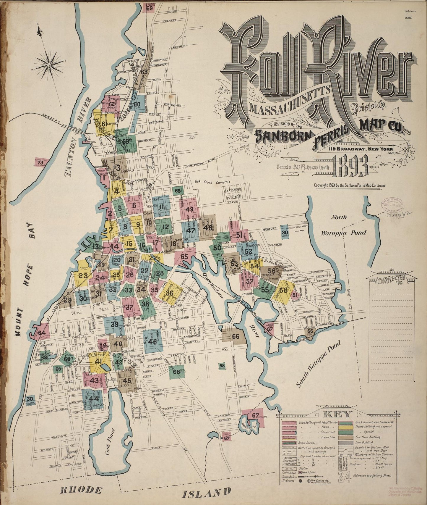 Sanborn Fire Insurance Map from Fall River, Bristol County, Massachusetts (1893), Sheet #0001 - Historic Sanborn Fire Insurance Map Print, vintage old map wall art, antique decor, genealogy gift, Massachusetts Massachusetts map