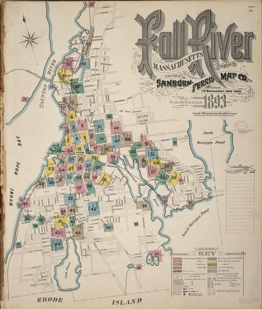 Sanborn Fire Insurance Map from Fall River, Bristol County, Massachusetts (1893), Sheet #0001 - Historic Sanborn Fire Insurance Map Print, vintage old map wall art, antique decor, genealogy gift, Massachusetts Massachusetts map