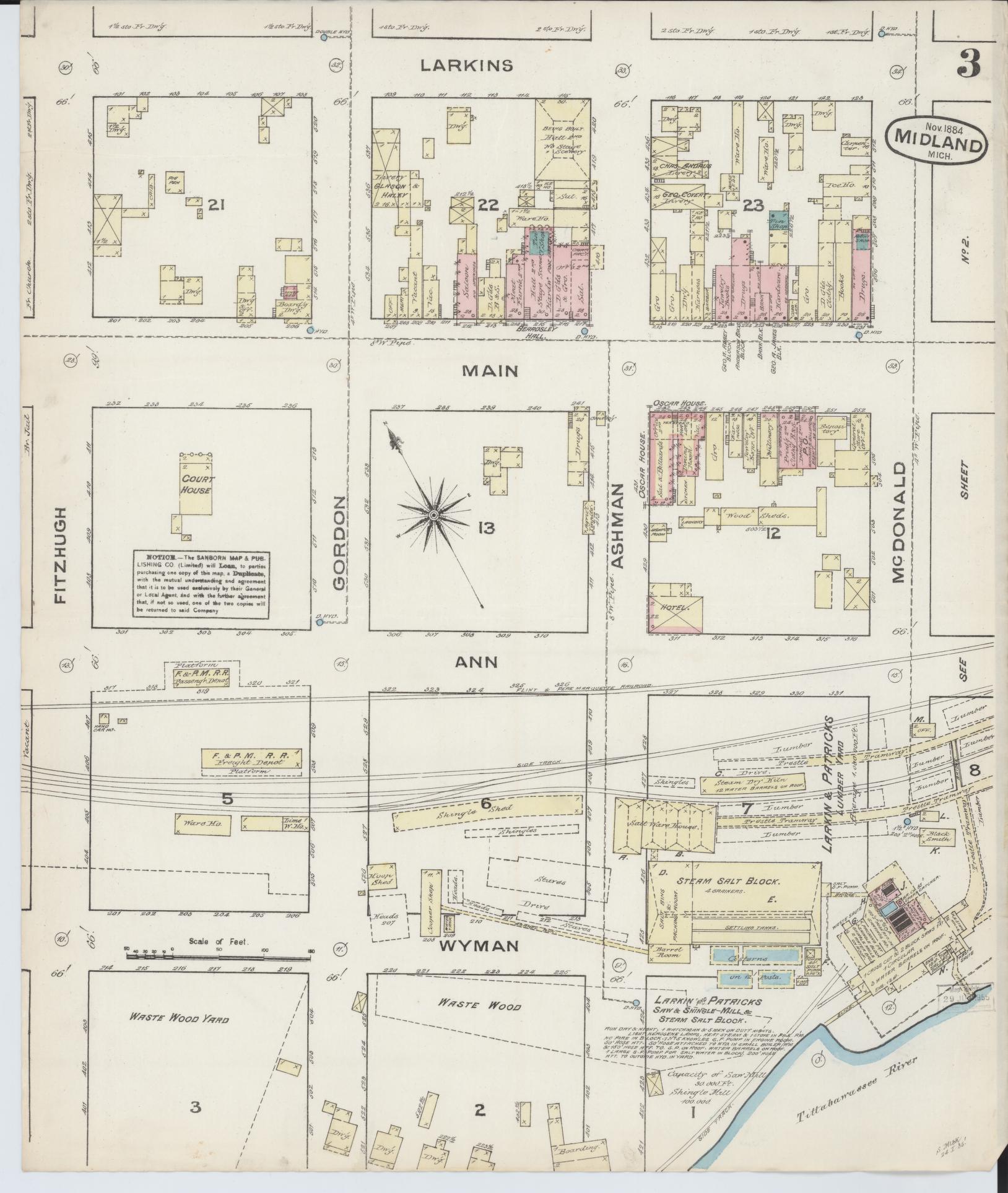 Sanborn Fire Insurance Map from Midland, Midland County, Michigan (1884), Sheet #0003 - Complete Map Set gallery image, historic Sanborn map, vintage wall art, Michigan Michigan