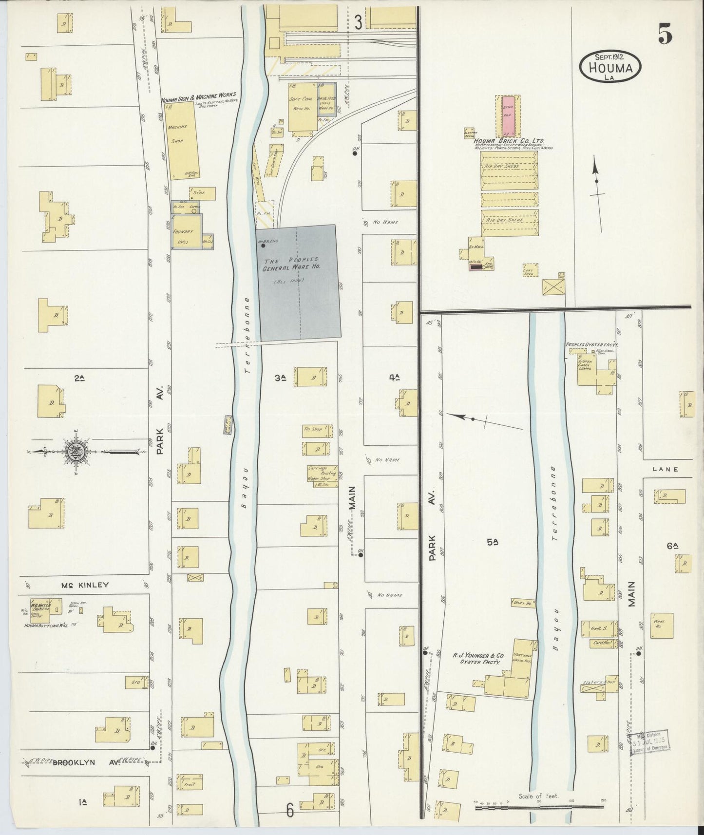 Sanborn Fire Insurance Map from Houma, Terrebonne Parish, Louisiana (1912), Sheet #0005 - Historic Sanborn Fire Insurance Map Print, vintage old map wall art, antique decor, genealogy gift, Louisiana Louisiana map