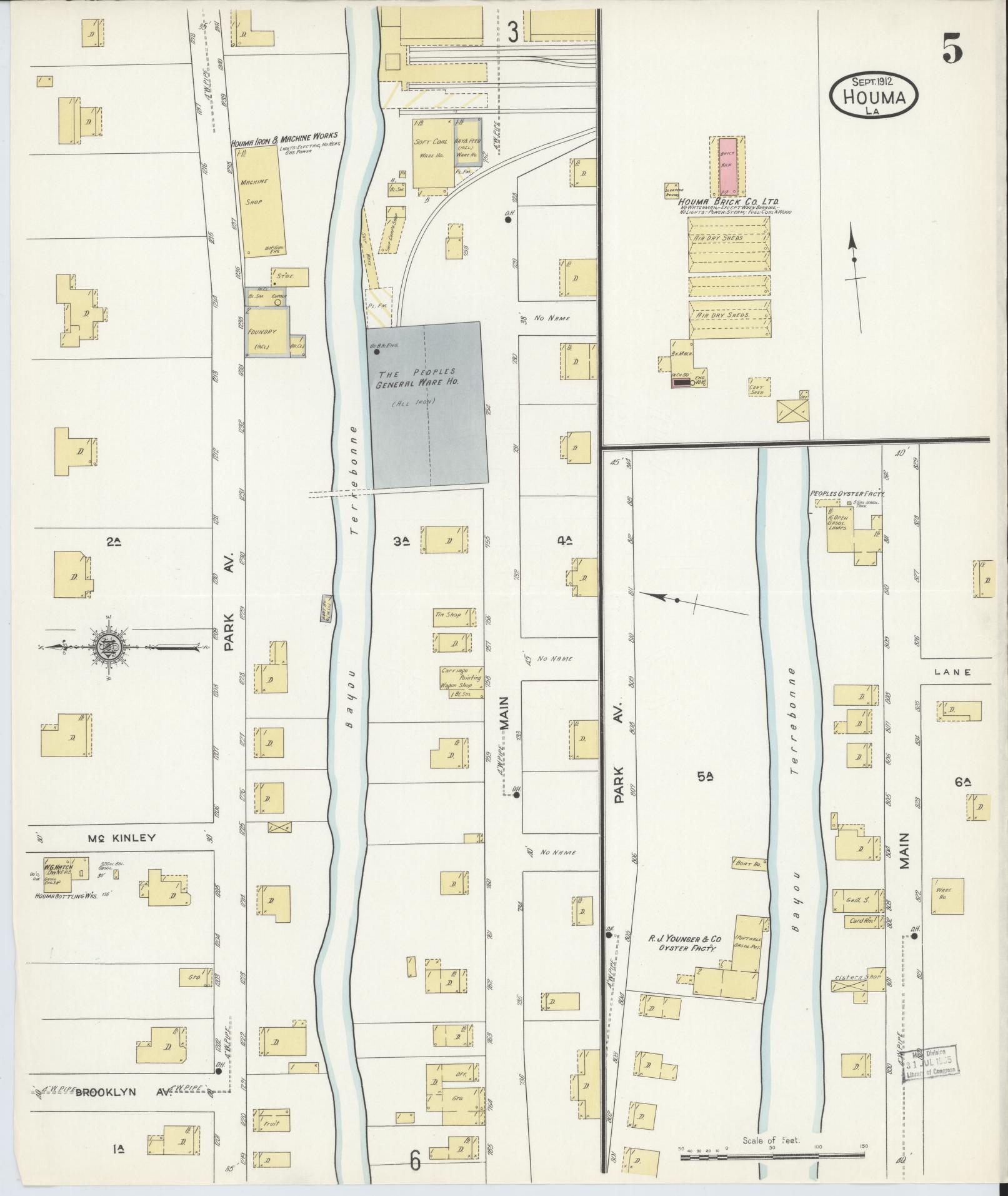Sanborn Fire Insurance Map from Houma, Terrebonne Parish, Louisiana (1912), Sheet #0005 - Historic Sanborn Fire Insurance Map Print, vintage old map wall art, antique decor, genealogy gift, Louisiana Louisiana map