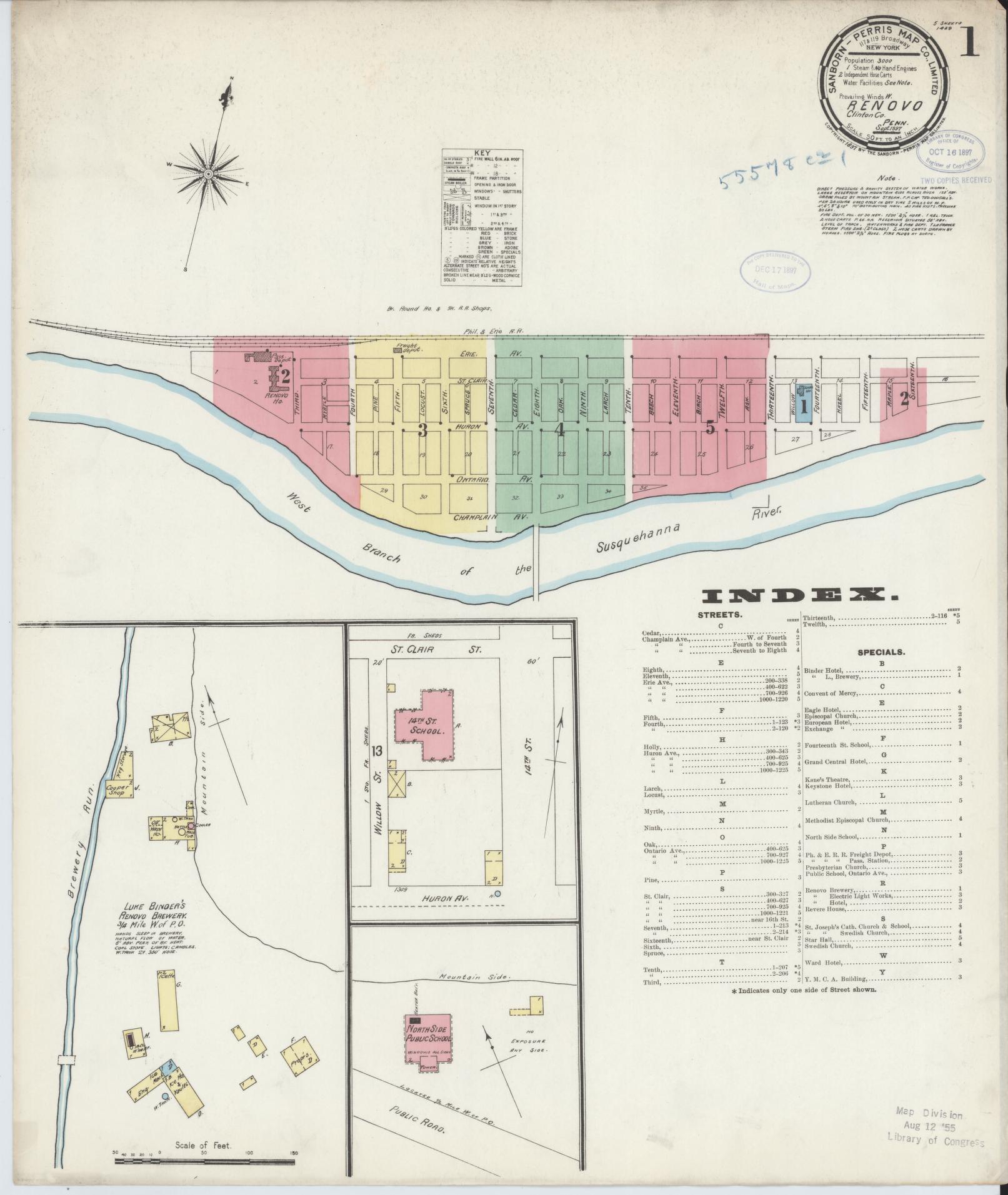 Sanborn Fire Insurance Map from Renovo, Clinton County, Pennsylvania (1897), Sheet #0001 - Complete Map Set gallery image, historic Sanborn map, vintage wall art, Pennsylvania Pennsylvania