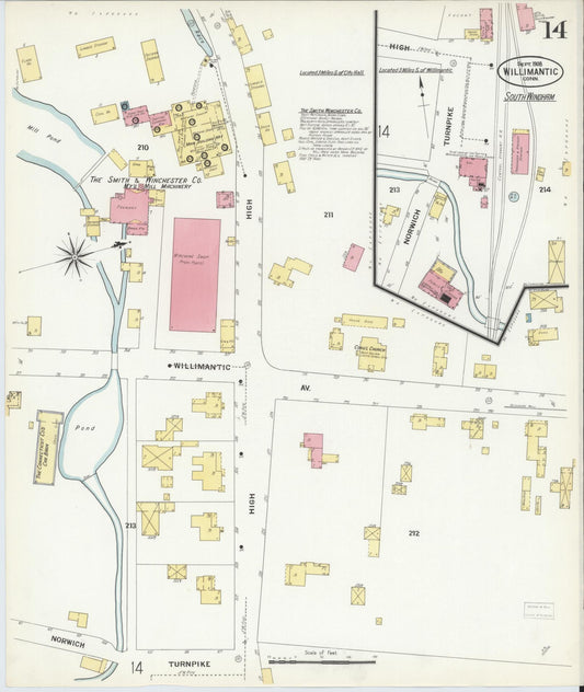 Sanborn Fire Insurance Map from Willimantic, Windham County, Connecticut (1908), Sheet #0014 - Historic Sanborn Fire Insurance Map Print, vintage old map wall art, antique decor, genealogy gift, Connecticut Connecticut map