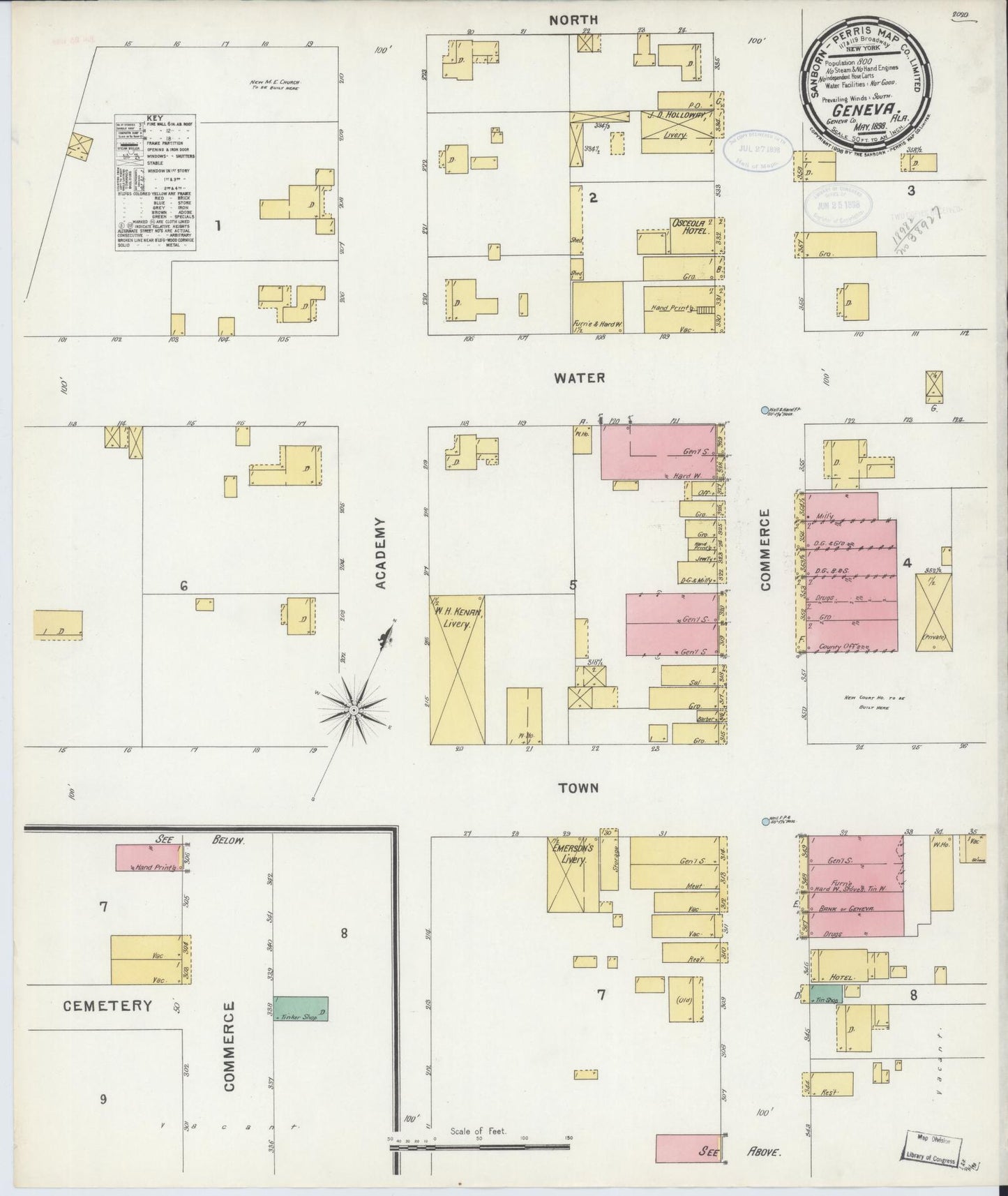 Sanborn Fire Insurance Map from Geneva, Geneva County, Alabama (1898), Sheet #0001 - Historic Sanborn Fire Insurance Map Print, vintage old map wall art, antique decor, genealogy gift, Alabama Alabama map