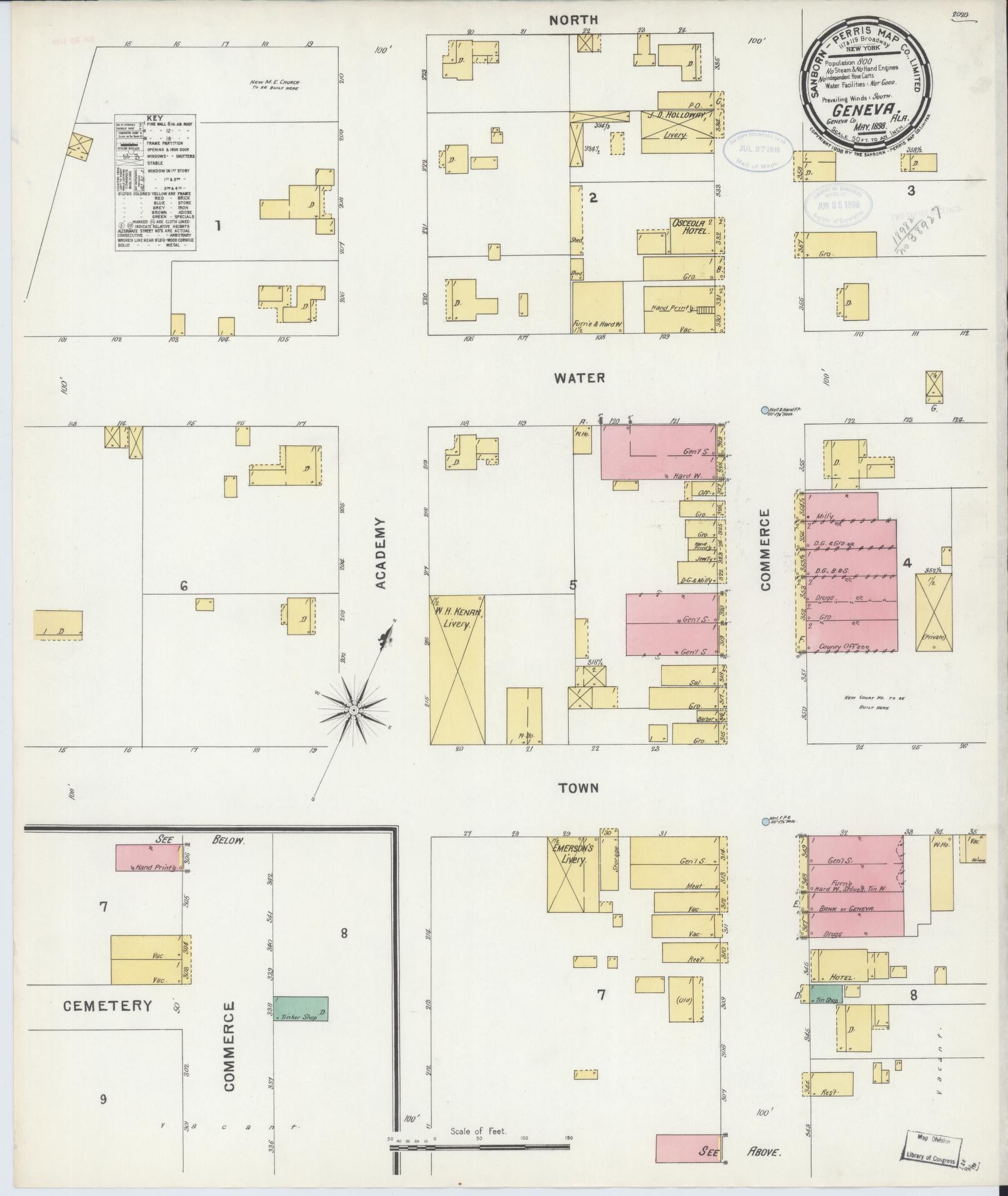 Sanborn Fire Insurance Map from Geneva, Geneva County, Alabama (1898), Sheet #0001 - Historic Sanborn Fire Insurance Map Print, vintage old map wall art, antique decor, genealogy gift, Alabama Alabama map