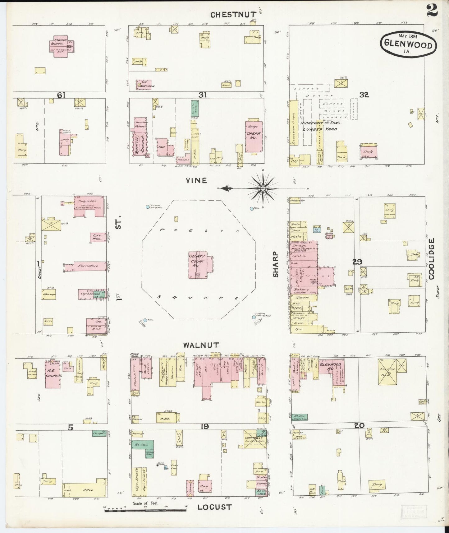 Sanborn Fire Insurance Map from Glenwood, Mills County, Iowa (1891), Sheet #0002 - Historic Sanborn Fire Insurance Map Print, vintage old map wall art