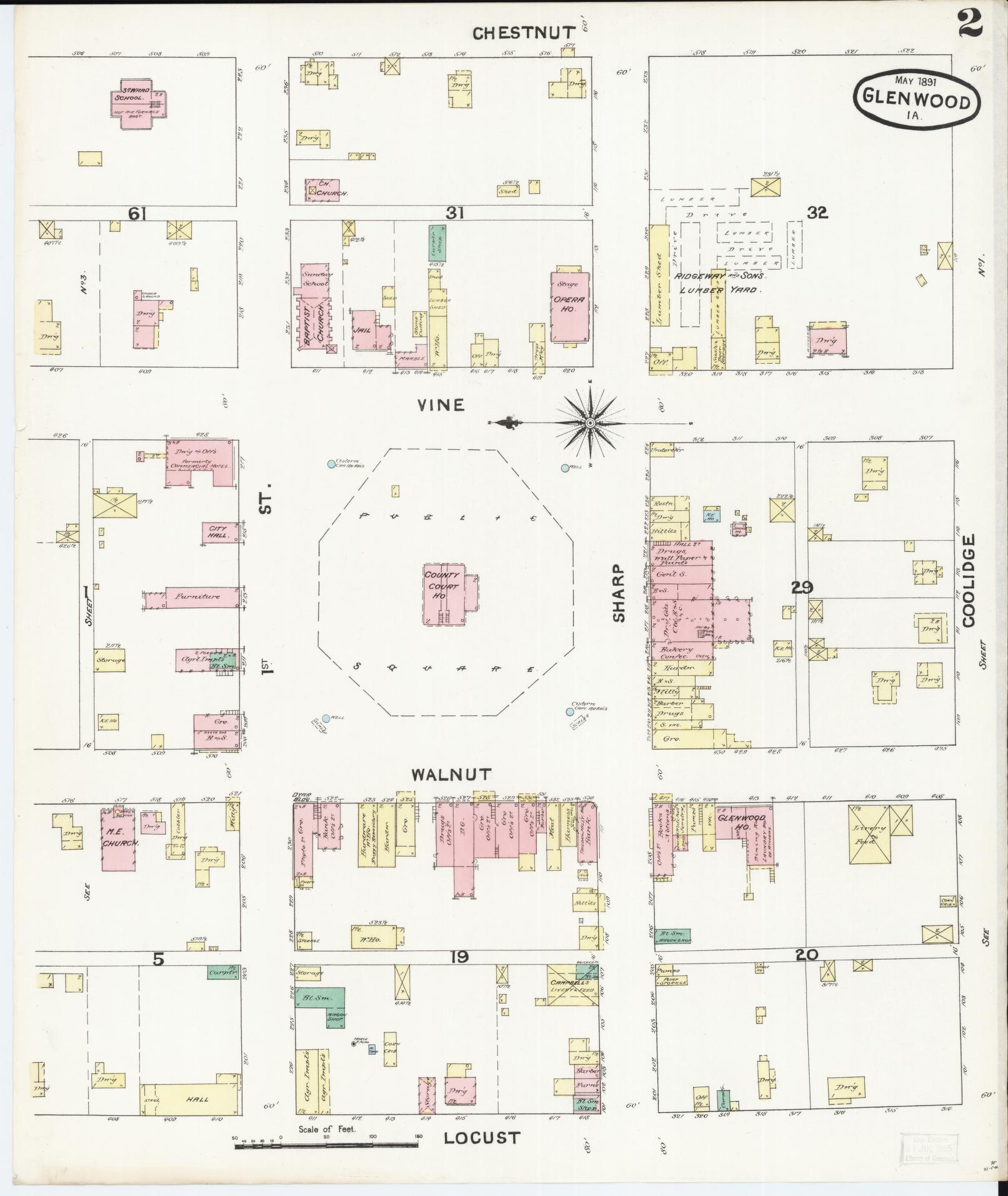 Sanborn Fire Insurance Map from Glenwood, Mills County, Iowa (1891), Sheet #0002 - Historic Sanborn Fire Insurance Map Print, vintage old map wall art