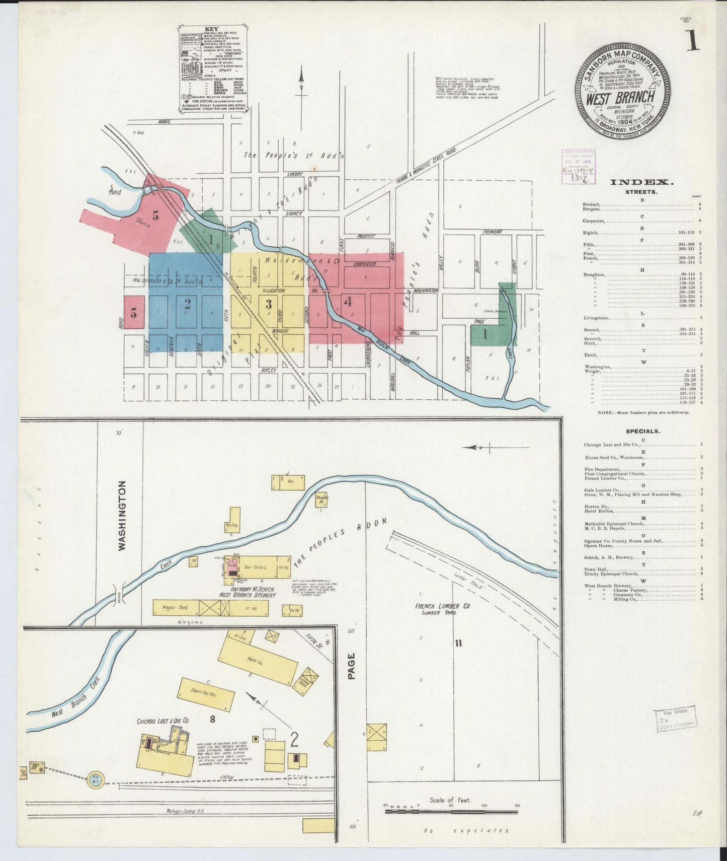 Sanborn Fire Insurance Map from West Branch, Ogemaw County, Michigan (1904), Sheet #0001 - Historic Sanborn Fire Insurance Map Print, vintage old map wall art, antique decor, genealogy gift, Michigan Michigan map