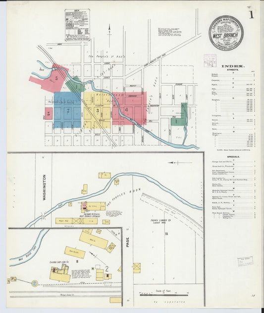 Sanborn Fire Insurance Map from West Branch, Ogemaw County, Michigan (1904), Sheet #0001 - Historic Sanborn Fire Insurance Map Print, vintage old map wall art, antique decor, genealogy gift, Michigan Michigan map