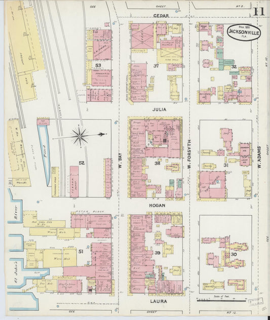 Sanborn Fire Insurance Map from Jacksonville, Duval County, Florida (1891), Sheet #0011 - Historic Sanborn Fire Insurance Map Print, vintage old map wall art, antique decor, genealogy gift, Florida Florida map