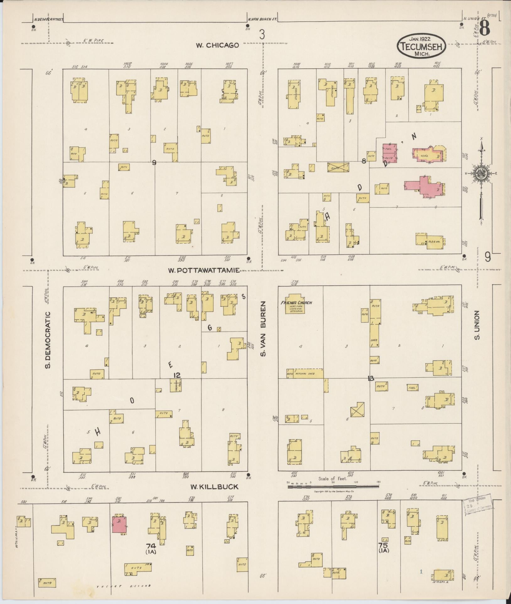 Sanborn Fire Insurance Map from Tecumseh, Lenawee County, Michigan (1922), Sheet #0008 - Complete Map Set gallery image, historic Sanborn map, vintage wall art, Michigan Michigan