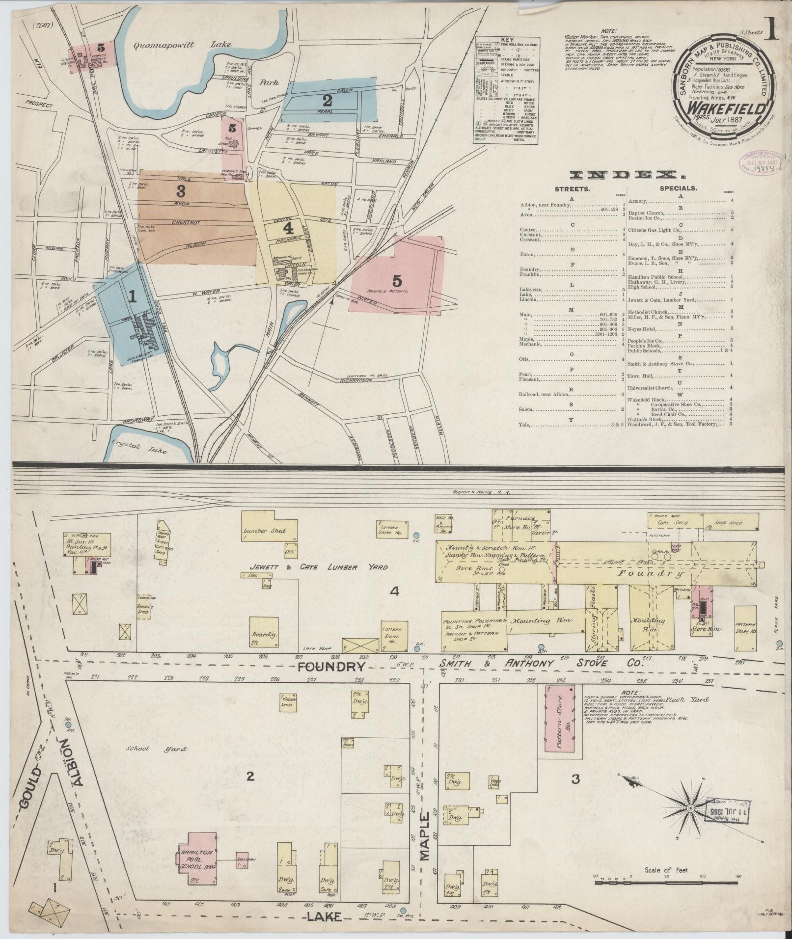 Sanborn Fire Insurance Map from Wakefield, Middlesex County, Massachusetts (1887), Sheet #0001 - Historic Sanborn Fire Insurance Map Print, vintage old map wall art, antique decor, genealogy gift, Massachusetts Massachusetts map