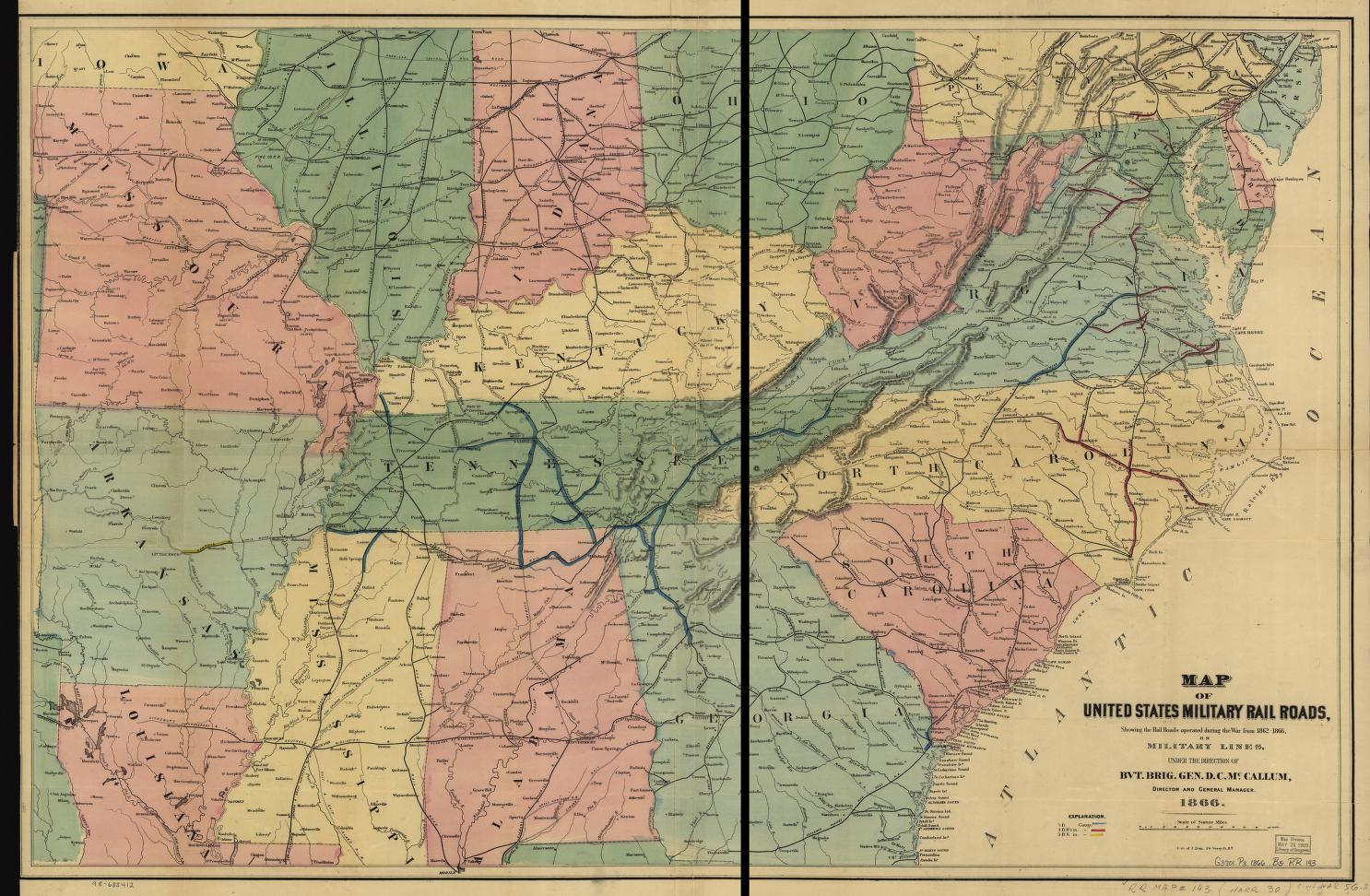 Map of United States military rail roads, showing the rail roads operated during the war from 1862-1866, as military lines; under the direction of Bvt. Brig. Gen D. C. McCallum, Director and General Manager. Civil War Map (1866) - Historic Battlefield Map
