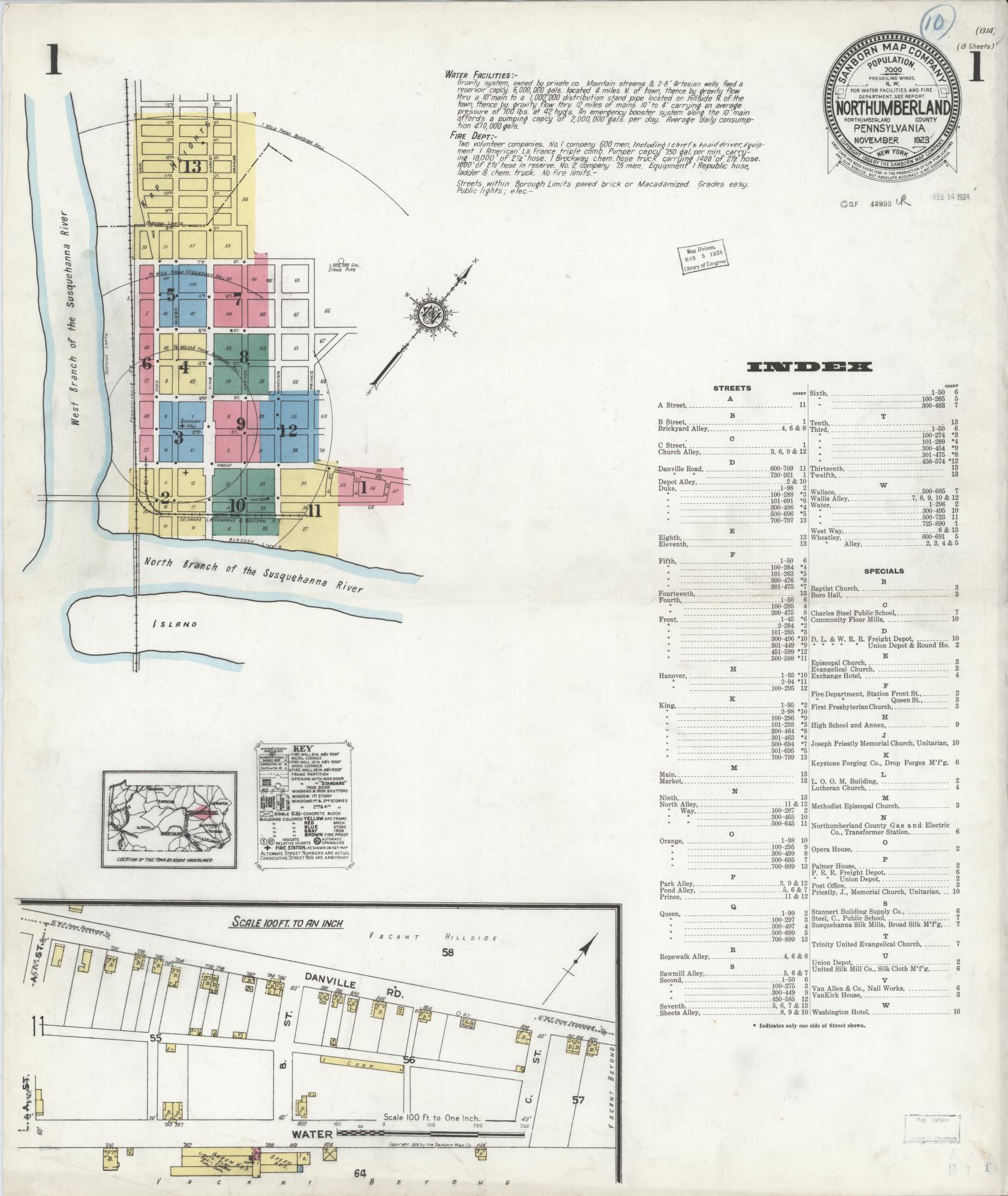 Sanborn Fire Insurance Map from Northumberland, Northumberland County, Pennsylvania (1923), Sheet #0001 - Complete Map Set gallery image, historic Sanborn map, vintage wall art, Pennsylvania Pennsylvania