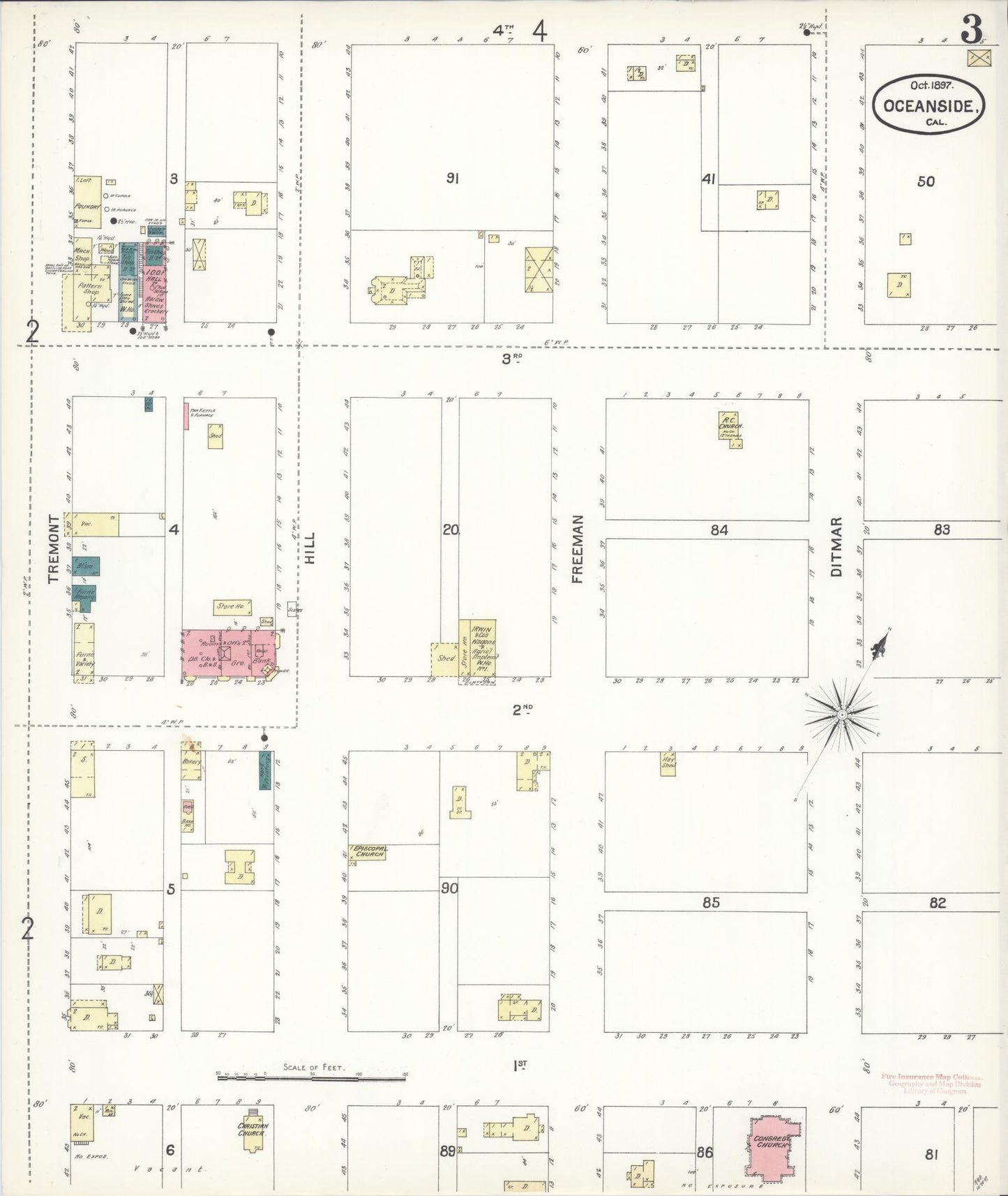 Sanborn Fire Insurance Map from Oceanside, San Diego County, California (1897), Sheet #0003 - Historic Sanborn Fire Insurance Map Print, vintage old map wall art, antique decor, genealogy gift, California California map