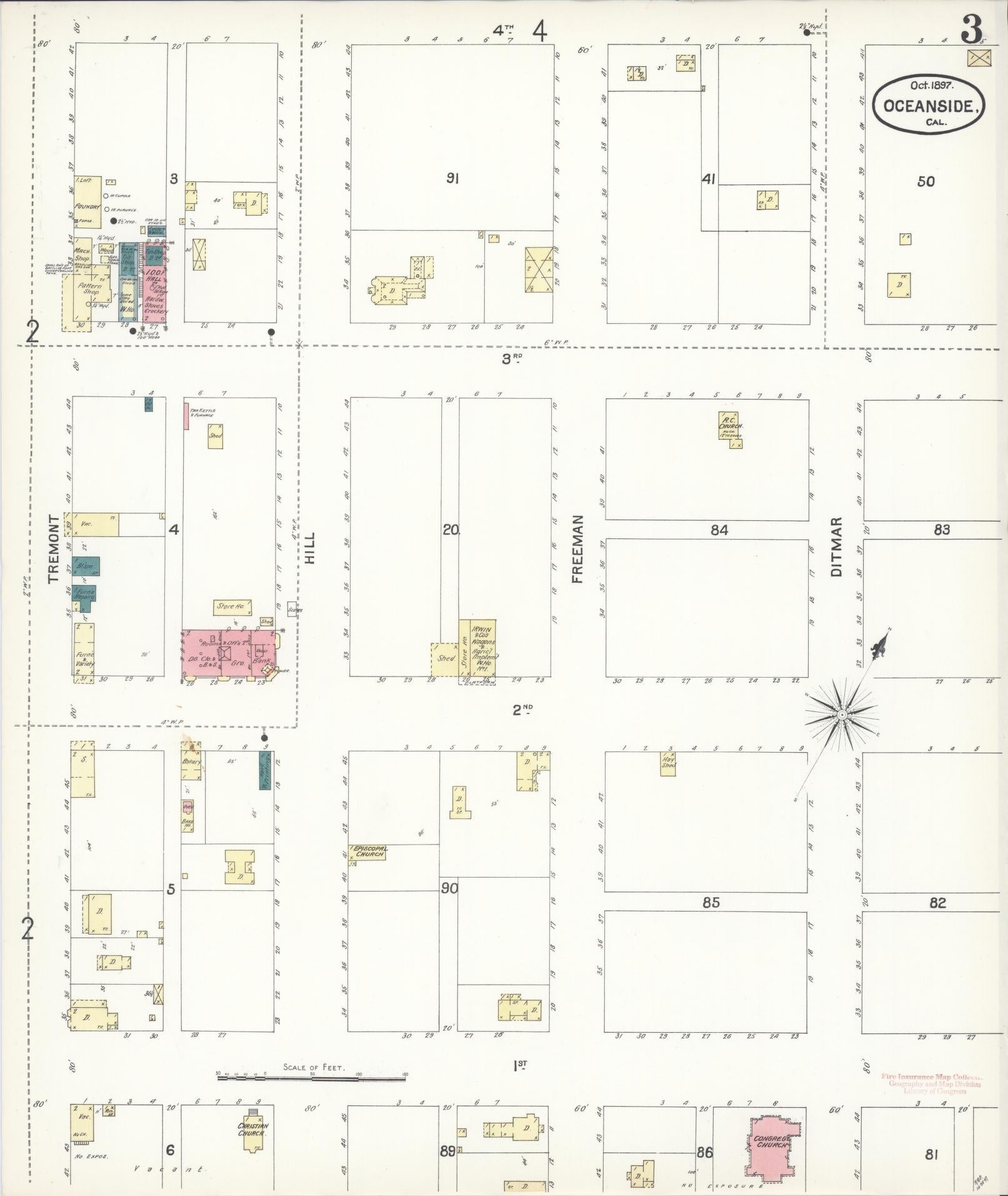 Sanborn Fire Insurance Map from Oceanside, San Diego County, California (1897), Sheet #0003 - Historic Sanborn Fire Insurance Map Print, vintage old map wall art, antique decor, genealogy gift, California California map