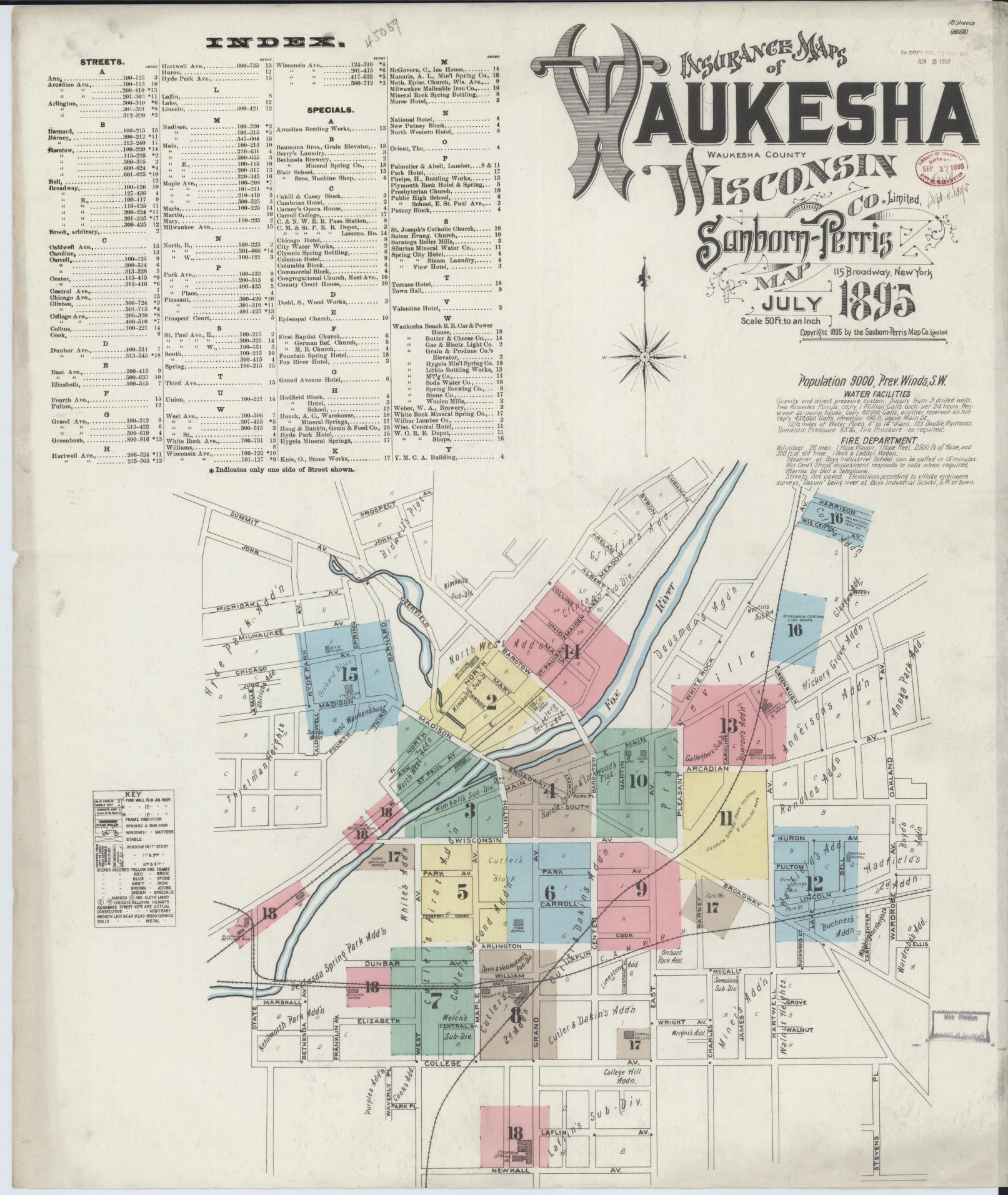 Sanborn Fire Insurance Map from Waukesha, Waukesha County, Wisconsin (1895), Sheet #0001 - Historic Sanborn Fire Insurance Map Print, vintage old map wall art, antique decor, genealogy gift, Wisconsin Wisconsin map