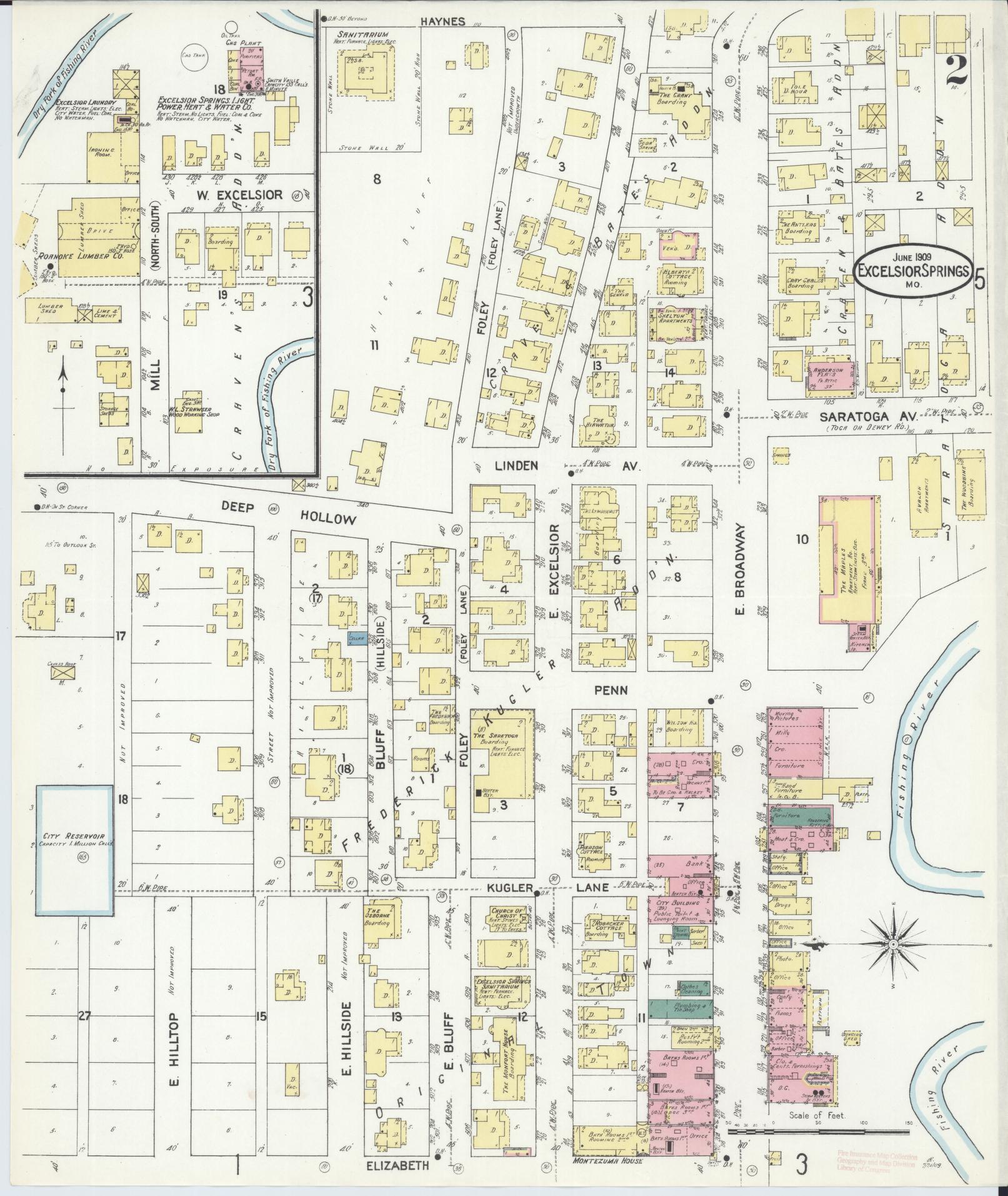 Sanborn Fire Insurance Map from Excelsior Springs, Clay County, Missouri (1909), Sheet #0002 - Historic Sanborn Fire Insurance Map Print, vintage old map wall art, antique decor, genealogy gift, Missouri Missouri map