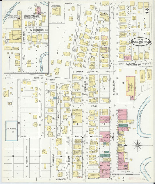 Sanborn Fire Insurance Map from Excelsior Springs, Clay County, Missouri (1909), Sheet #0002 - Historic Sanborn Fire Insurance Map Print, vintage old map wall art, antique decor, genealogy gift, Missouri Missouri map