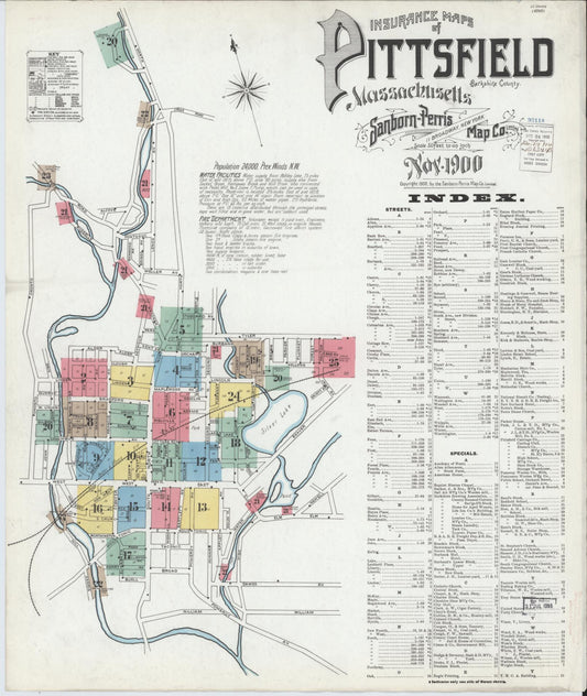 Sanborn Fire Insurance Map from Pittsfield, Berkshire County, Massachusetts (1900), Sheet #0001 - Historic Sanborn Fire Insurance Map Print, vintage old map wall art, antique decor, genealogy gift, Massachusetts Massachusetts map
