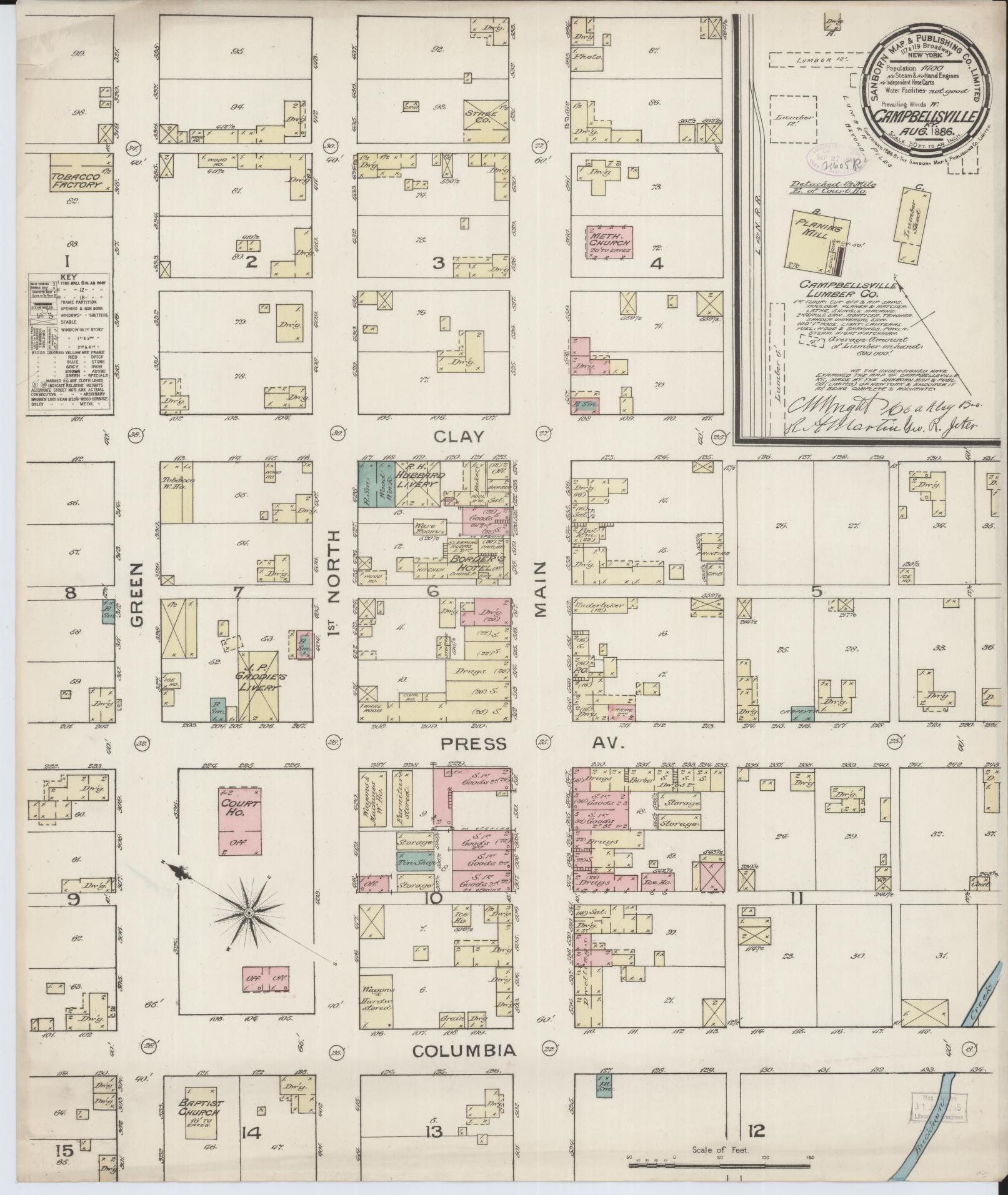 Sanborn Fire Insurance Map from Campbellsville, Taylor County, Kentucky (1886), Sheet #0001 - Historic Sanborn Fire Insurance Map Print, vintage old map wall art, antique decor, genealogy gift, Kentucky Kentucky map
