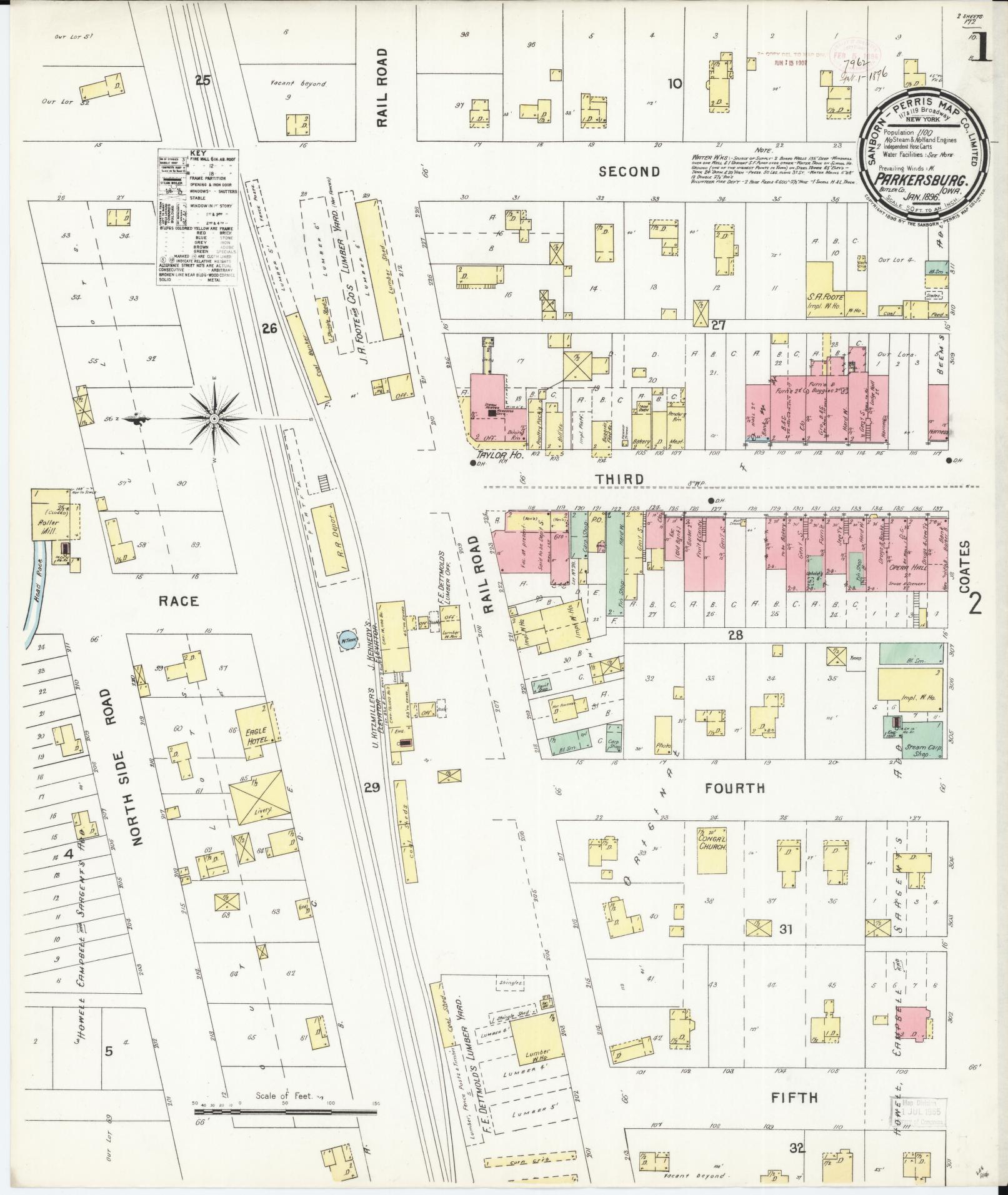 Sanborn Fire Insurance Map from Parkersburg, Butler County, Iowa (1896), Sheet #0001 - Historic Sanborn Fire Insurance Map Print