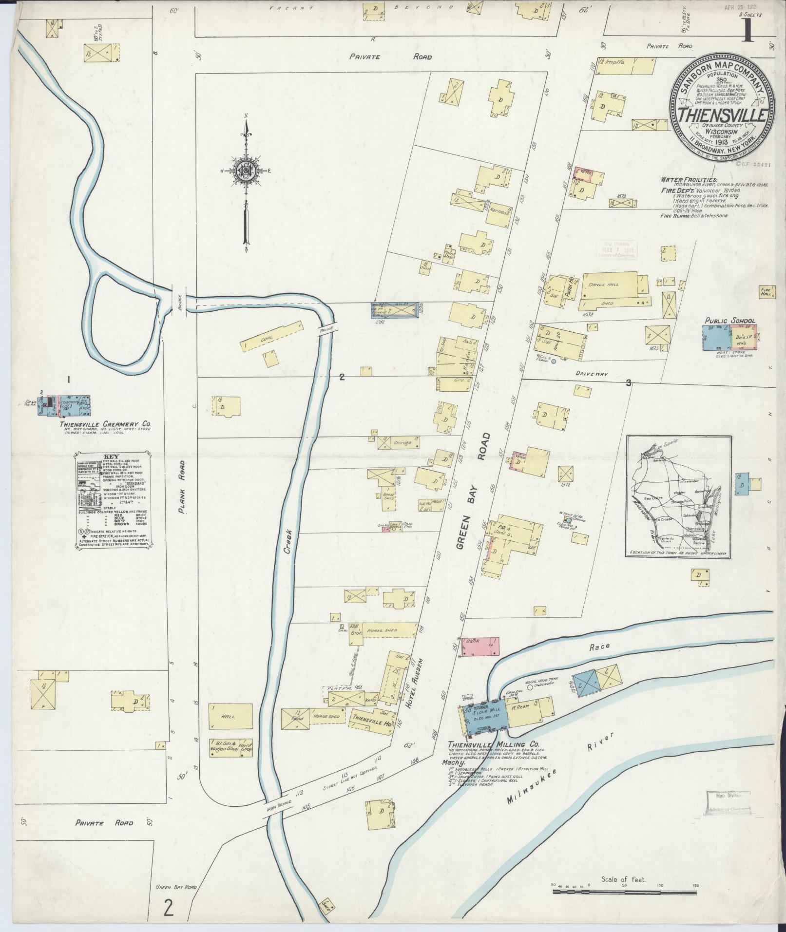 Sanborn Fire Insurance Map from Thiensville, Ozaukee County, Wisconsin (1913), Sheet #0001 - Historic Sanborn Fire Insurance Map Print, vintage old map wall art, antique decor, genealogy gift, Wisconsin Wisconsin map