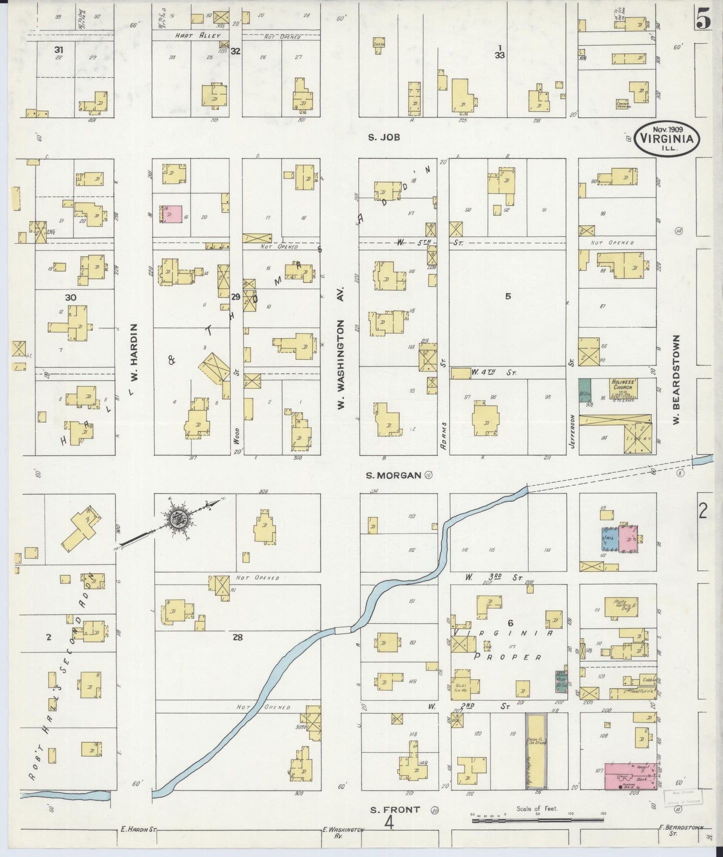 Sanborn Fire Insurance Map from Virginia, Cass County, Illinois (1909), Sheet #0005 - Complete Map Set gallery image, historic Sanborn map, vintage wall art, Virginia Virginia